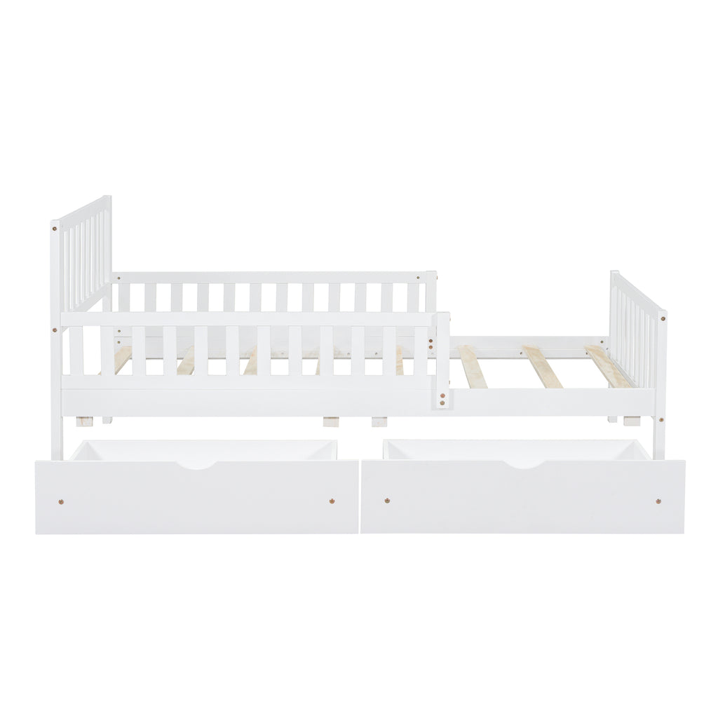 White wood bed frame with two storage drawers