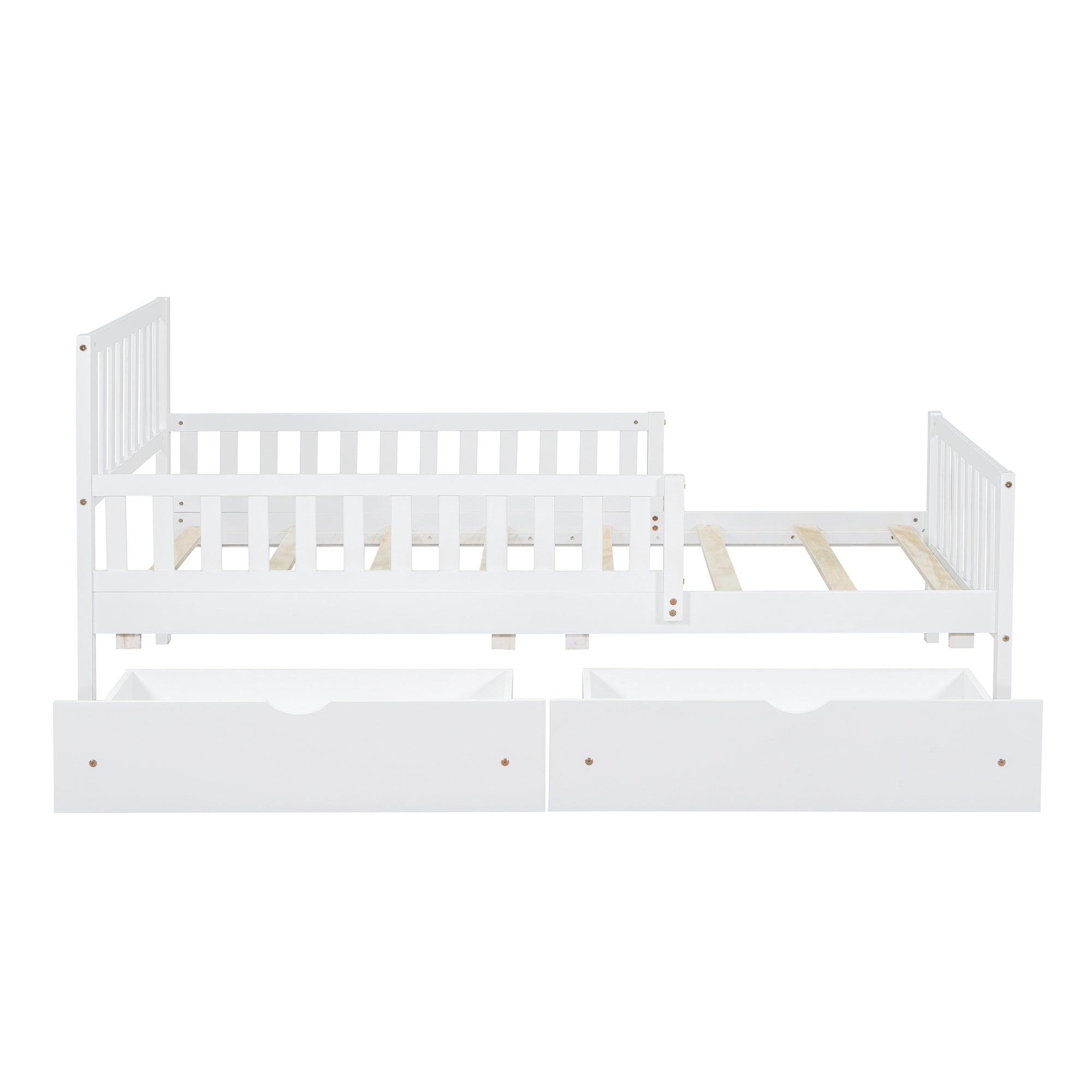 White wood bed frame with two storage drawers