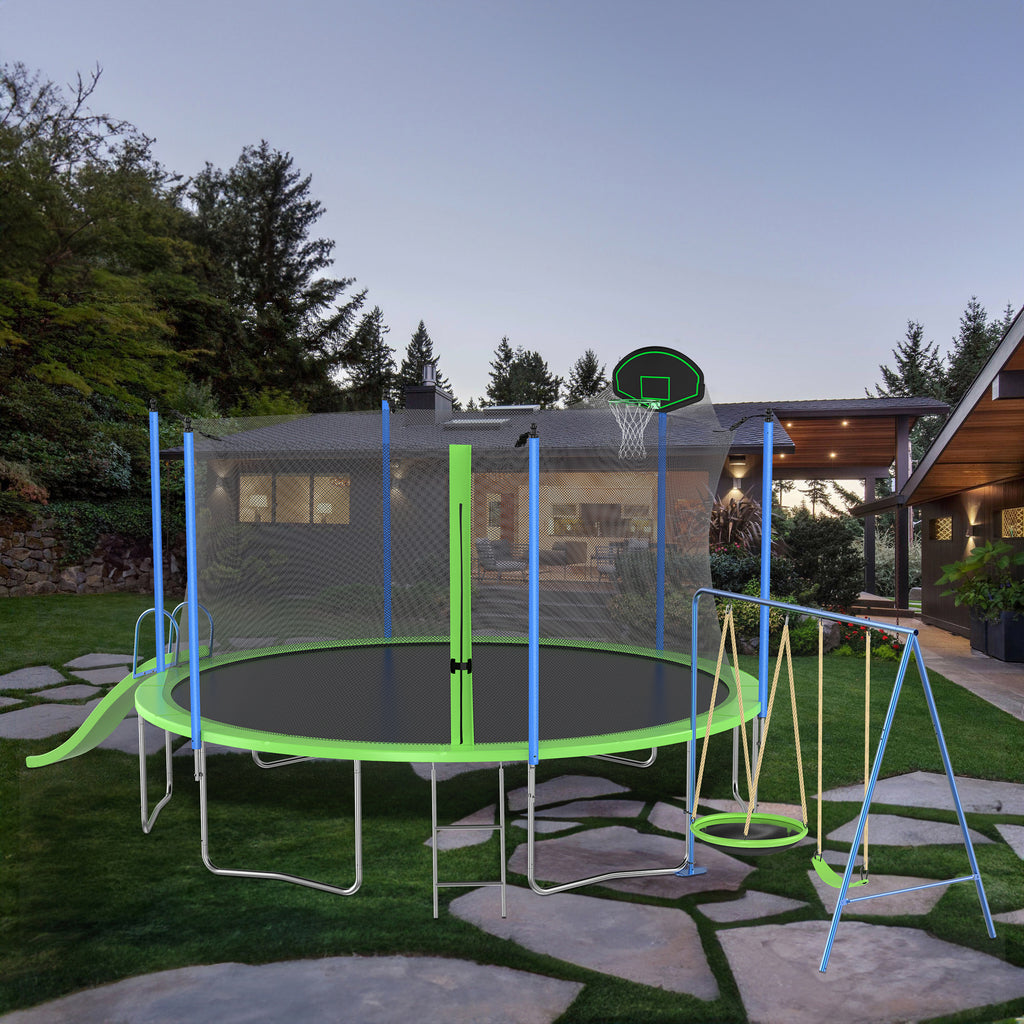 Green 14ft trampoline safety enclosure net 360-degree detail