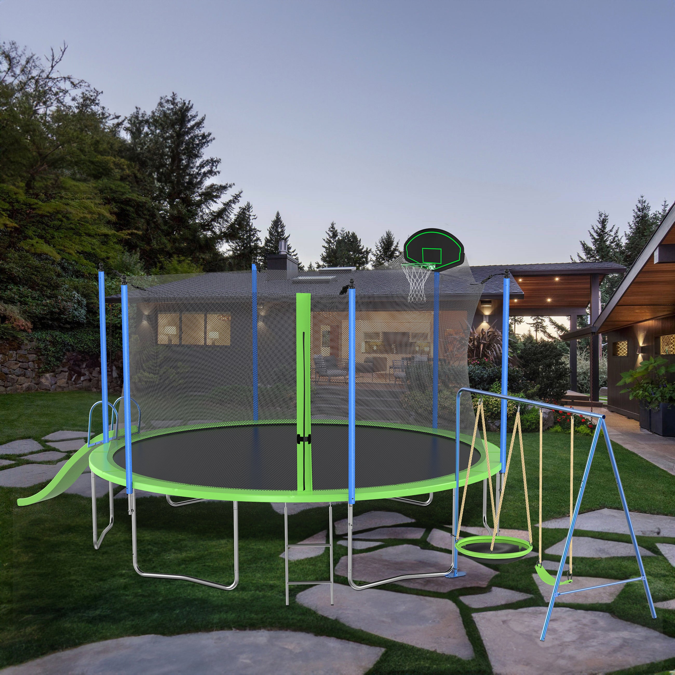 Green 14ft trampoline safety enclosure net 360-degree detail