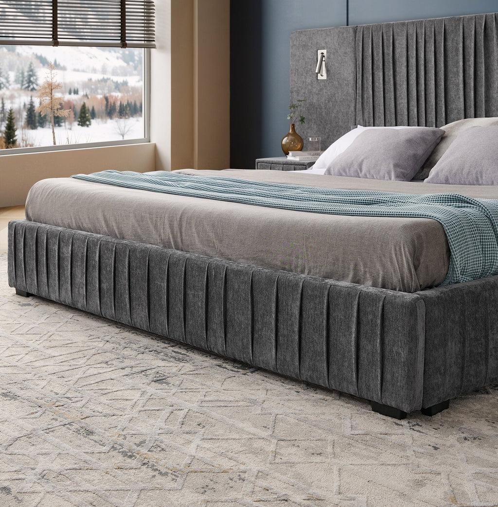 King Size Upholstered Bed Frame with Chenille fabric with pleated design,Grounded King Size Platform Bed with Headboard and Solid Frame and the bedside table.No Box Spring Needed-Blue-Green