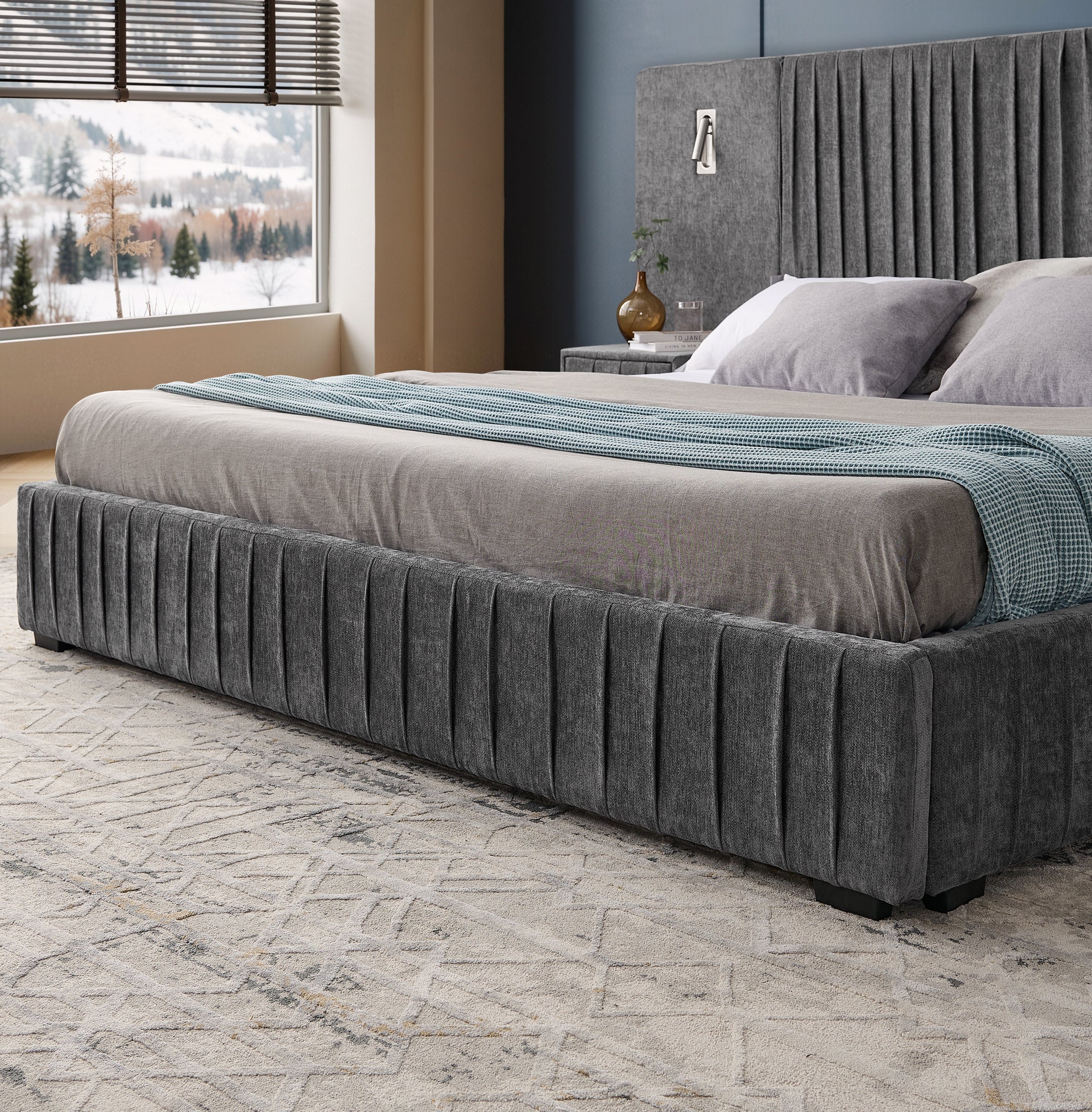 King Size Upholstered Bed Frame with Chenille fabric with pleated design,Grounded King Size Platform Bed with Headboard and Solid Frame and the bedside table.No Box Spring Needed-Blue-Green
