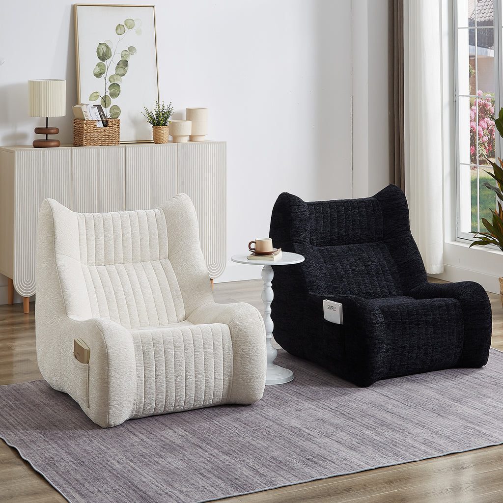Black Chenille Bean Bag Chair with Armrests — Oversized Floor Sofa & Side Pocket — image 13