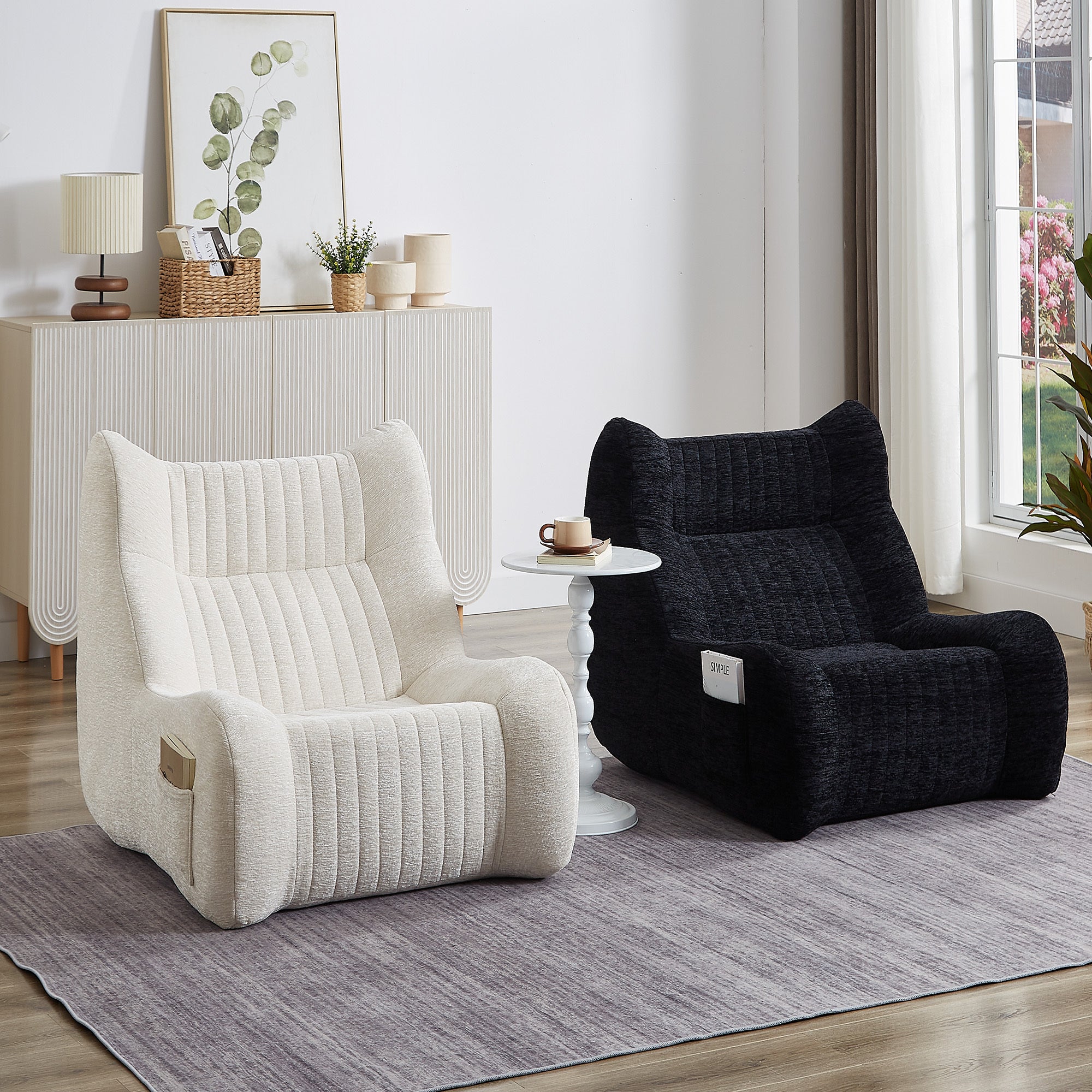 Black Chenille Bean Bag Chair with Armrests — Oversized Floor Sofa & Side Pocket — image 13
