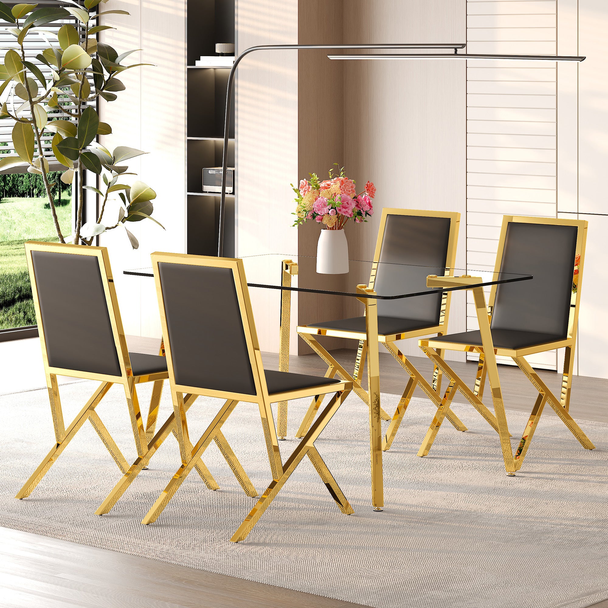 Table and chair set.51 × 31.5-inch tempered glass dining table, paired with a set of 4 Black PU dining chairs. Modern light luxury home restaurant table and chair combination.