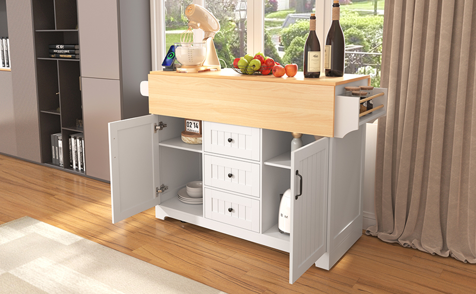 K&K 55.7'' Large Kitchen Island with 2 Drop Leaf,, Rolling Kitchen Cart on 5 Wheels with Power Outlet, Folding Storage Dining Table with Spice & Towel Rack , 3 Drawers, for Kitchen, Dining Room,Black