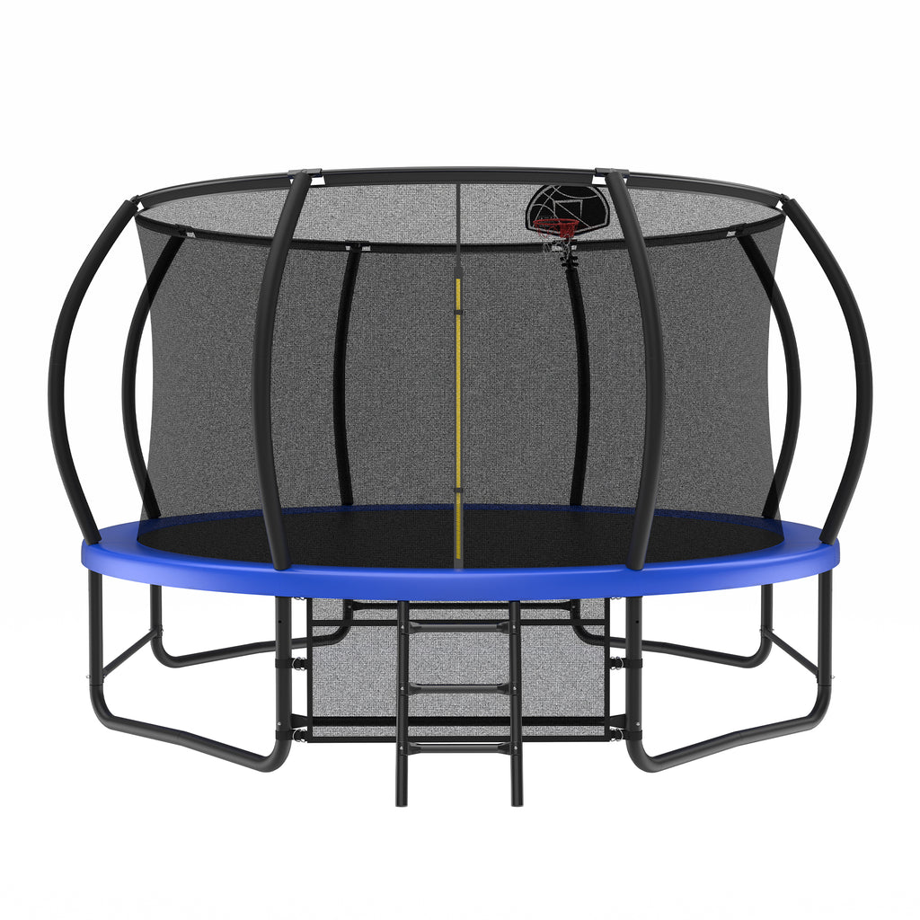 Blue 14-foot trampoline with safety enclosure — front view