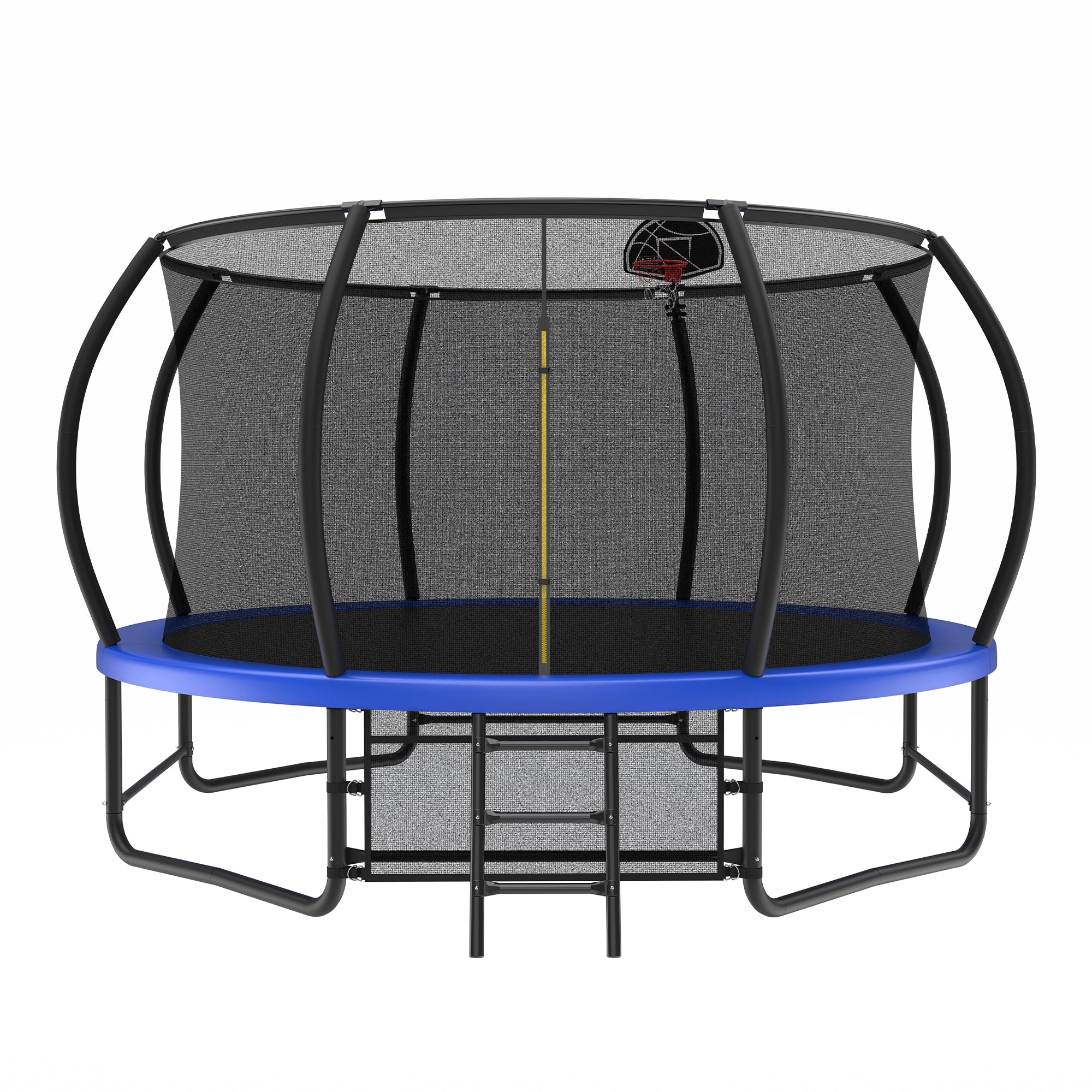 Blue 14-foot trampoline with safety enclosure — front view