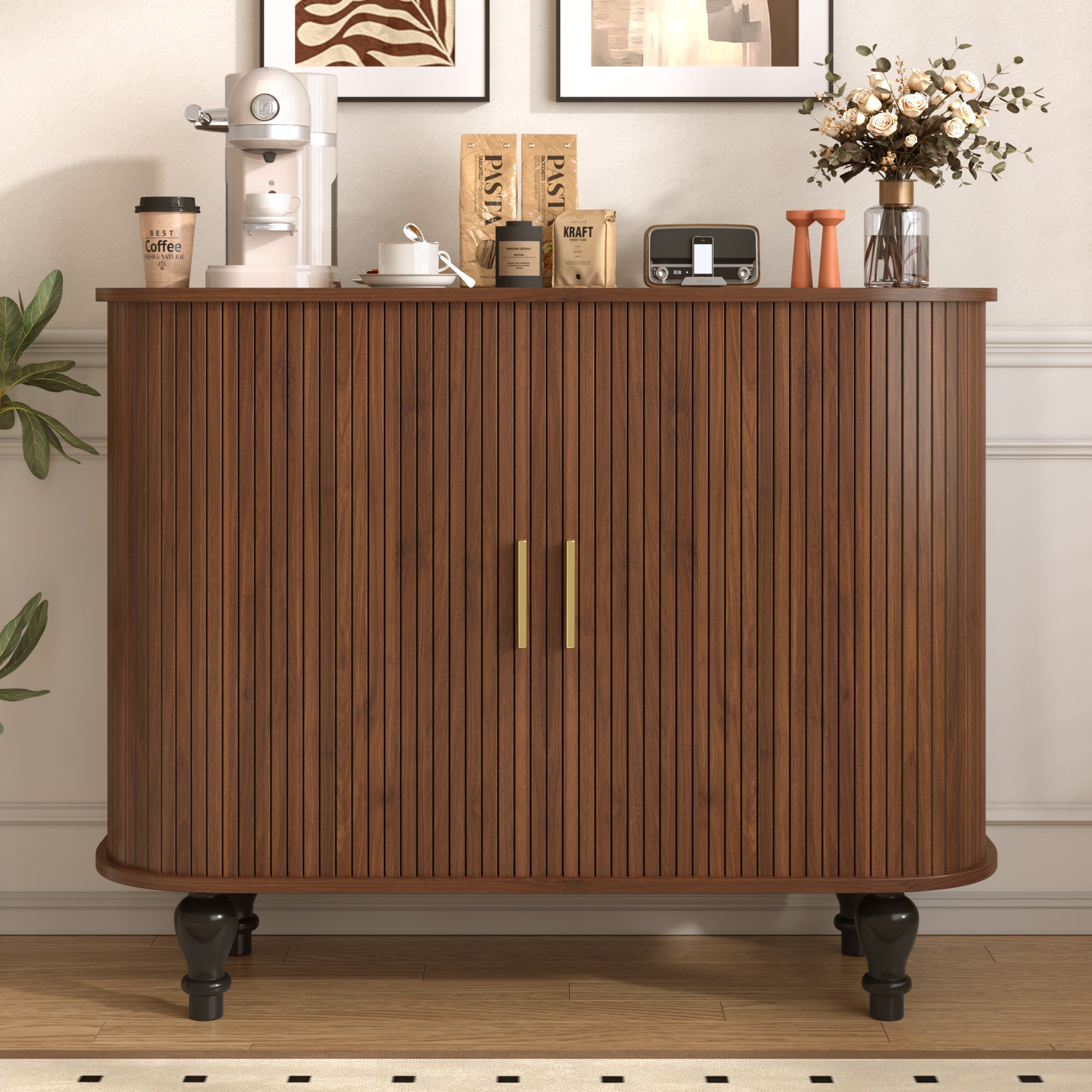 39' Fluted Liquor & Coffee Bar Cabinet with 6 Wine Racks and 3 Glass Holders, Mid-Century Modern Bar Cabinet with A Large Storage Drawer ,4 Hidden Storage Space on the Side , Black