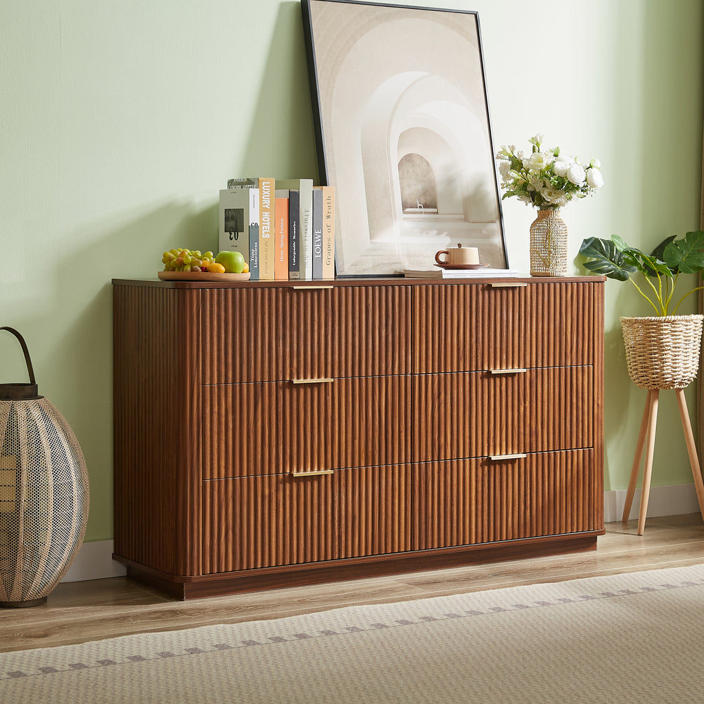 Walnut 6-drawer dresser with curved wave design — front view