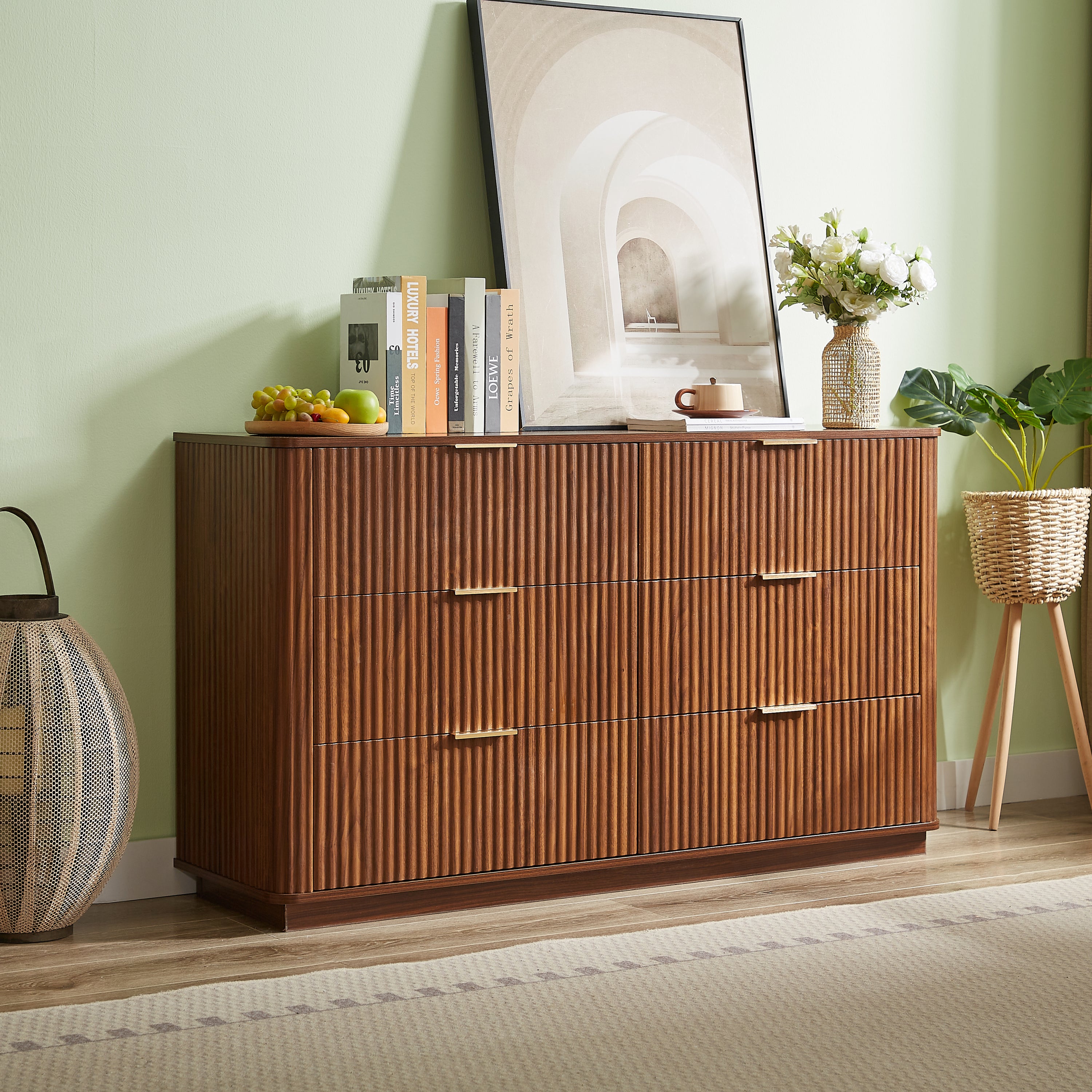 Walnut 6-drawer dresser with curved wave design — front view