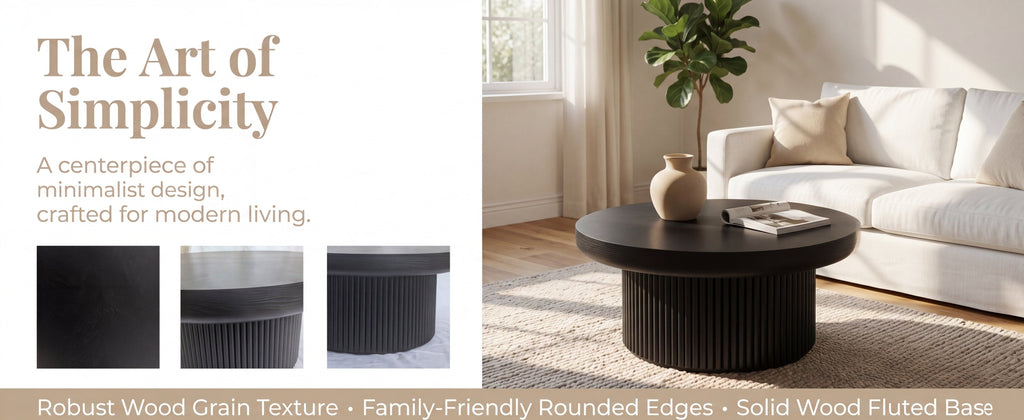 33.5'' Round Fluted Coffee Table with Real Wood Parquet Pattern Top & Cylindrical Base, Thickened Tabletop, Mid-Century Modern Circle Cocktail Table for Living Room, Small Space, Walnut