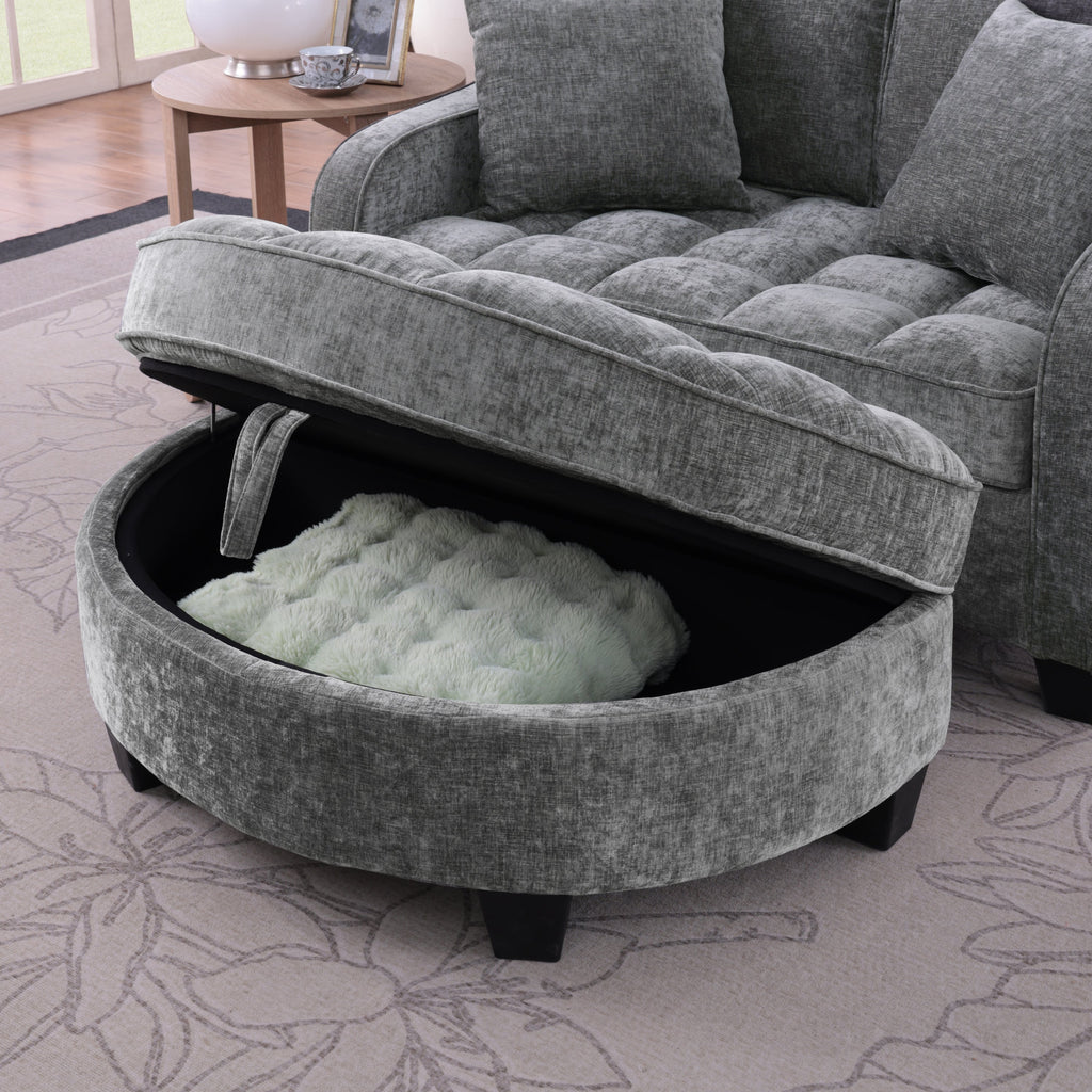 Corduroy 2-Seater Sofa Chaise — Storage Footrest & 2 Pillows, 42.7" Wide