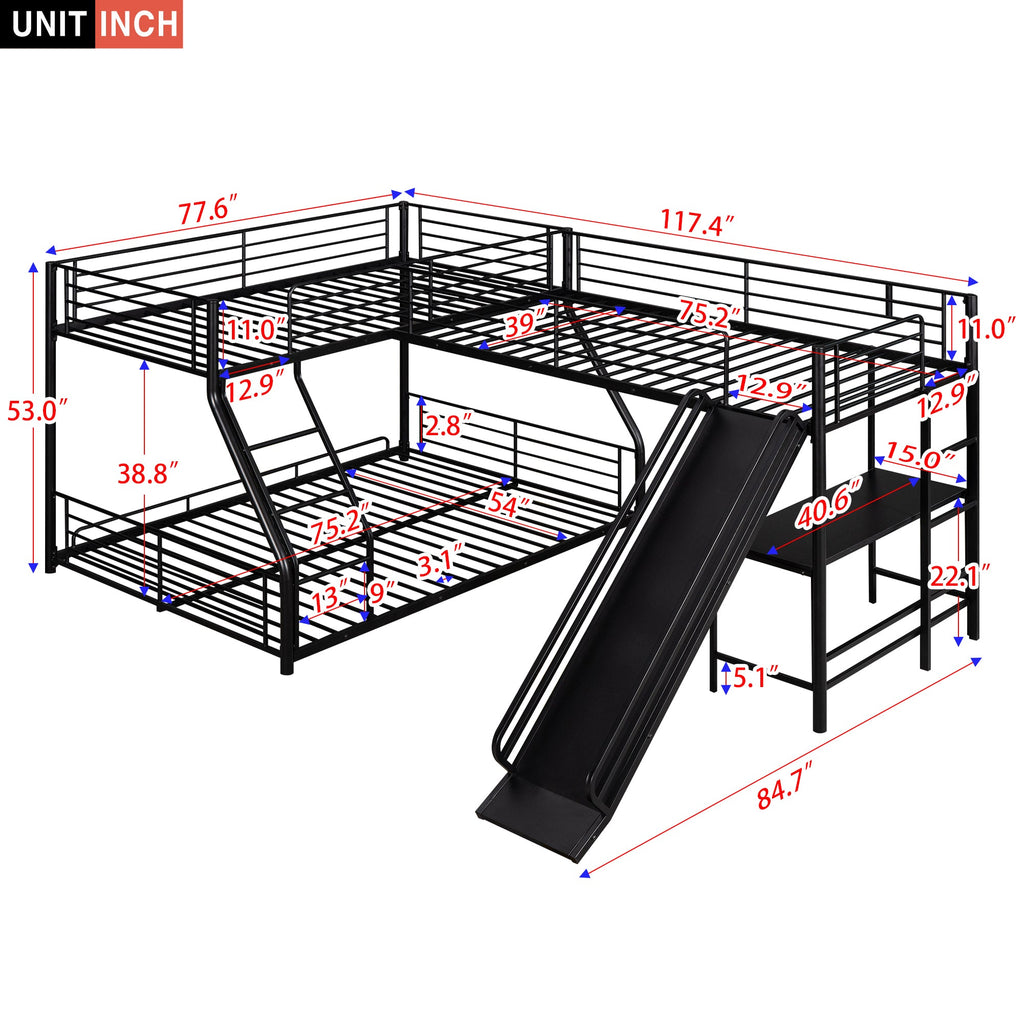 Black L-Shaped Twin over Full Bunk Bed with Twin Loft, Desk & Slide — Metal & MDF