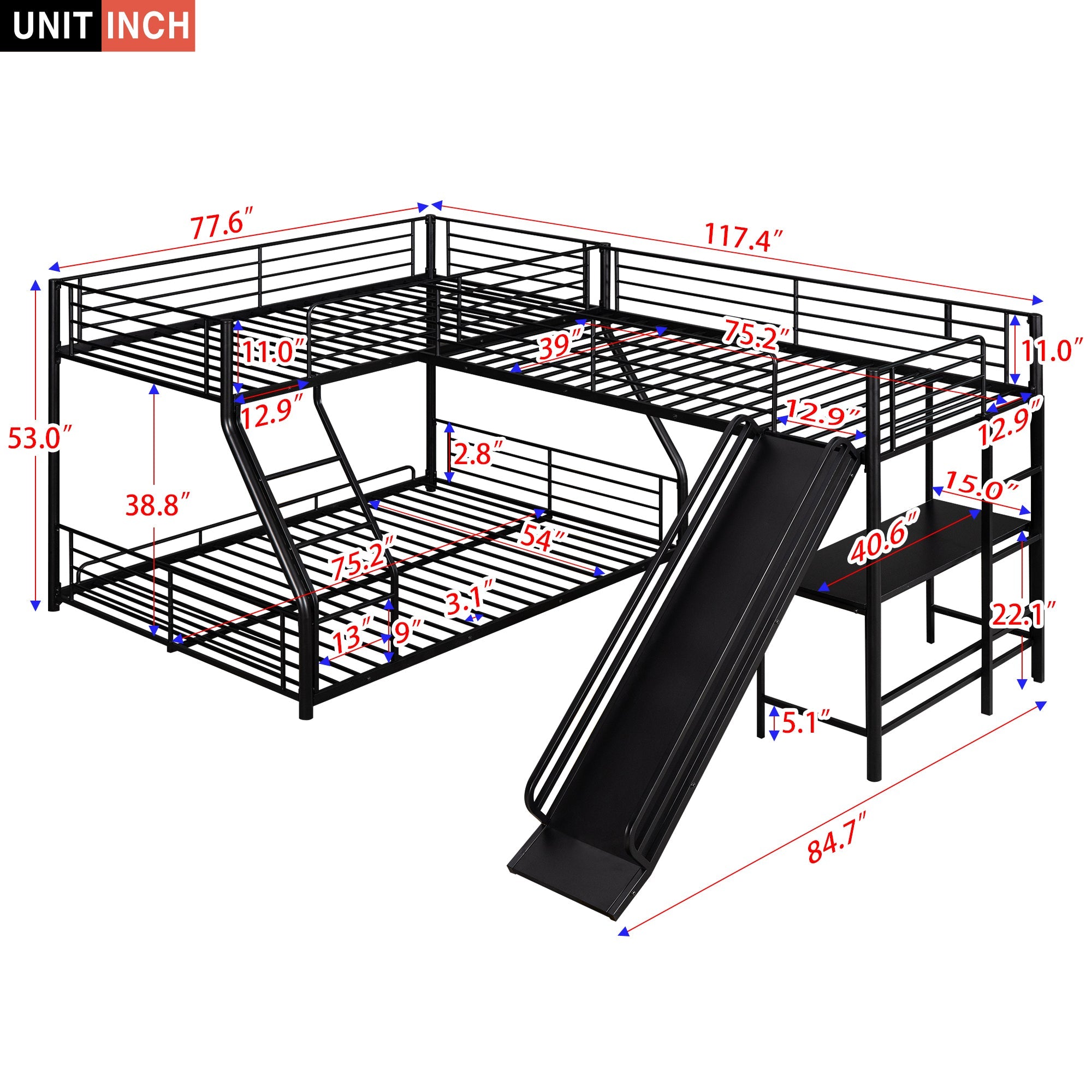 Black L-Shaped Twin over Full Bunk Bed with Twin Loft, Desk & Slide — Metal & MDF