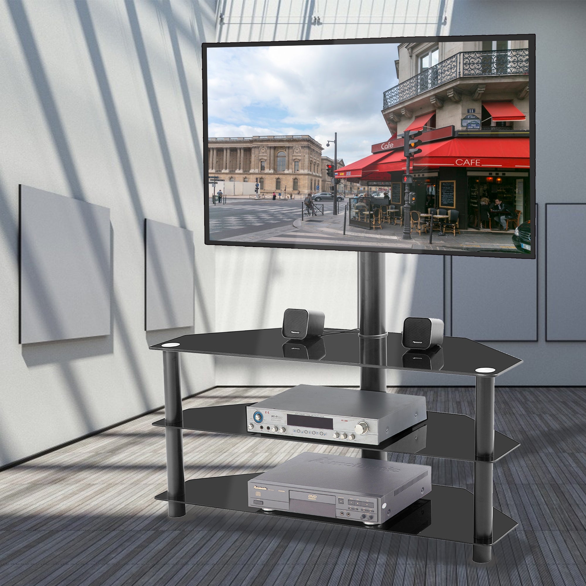 Black tempered glass TV stand full product photo