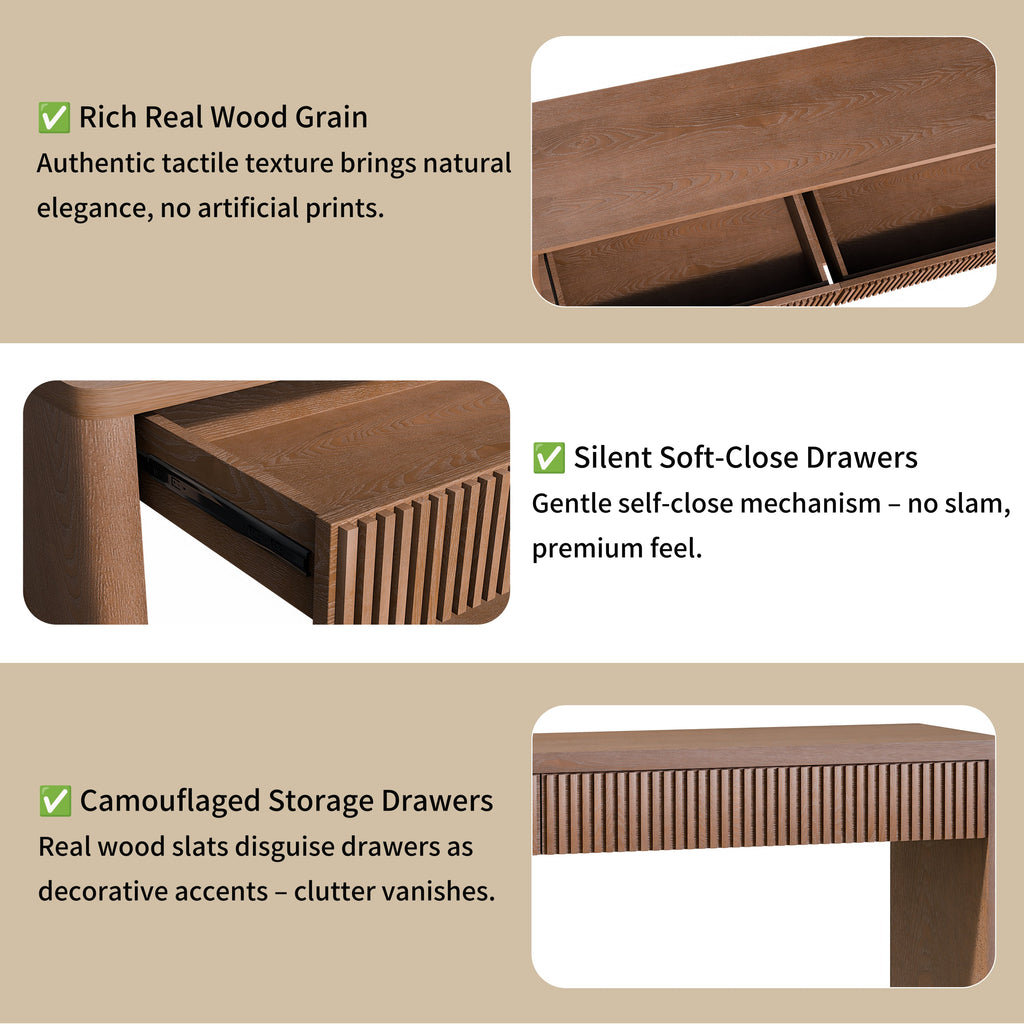 60' Modern 2-Drawer Fluted Console Table Natural Wood Veneer Sofa Table Behind Couch Table for Living Room, Hallway, Entryway, Home Office, Natural Wood