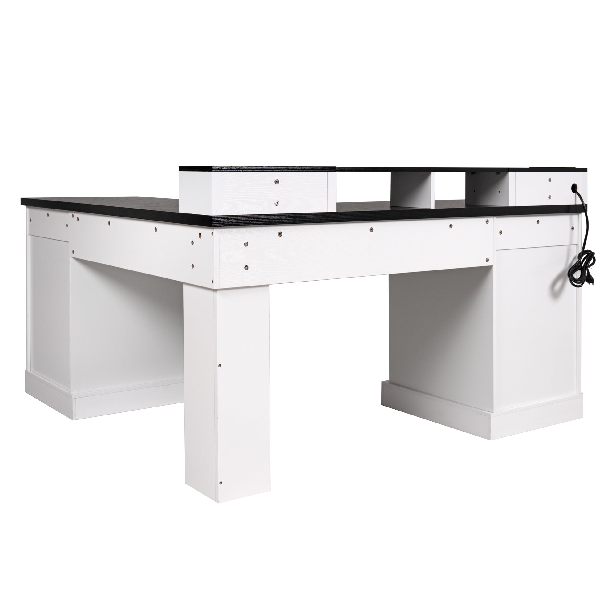 White corner desk side profile with monitor stand