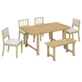 TREXM Farmhouse Dining Set for 6 with Solid Wood Legs, Natural Wood Wash + Beige Finish, Ergonomic Dual-Style Chairs, 6-Piece Kitchen & Dining Room Furniture