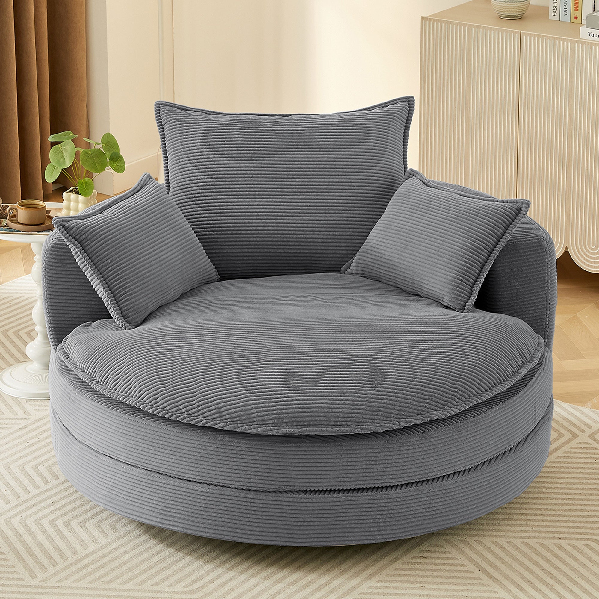 Blue Corduroy 360° Swivel Barrel Accent Chair with Dual-Layer Cushion & 3 Pillows