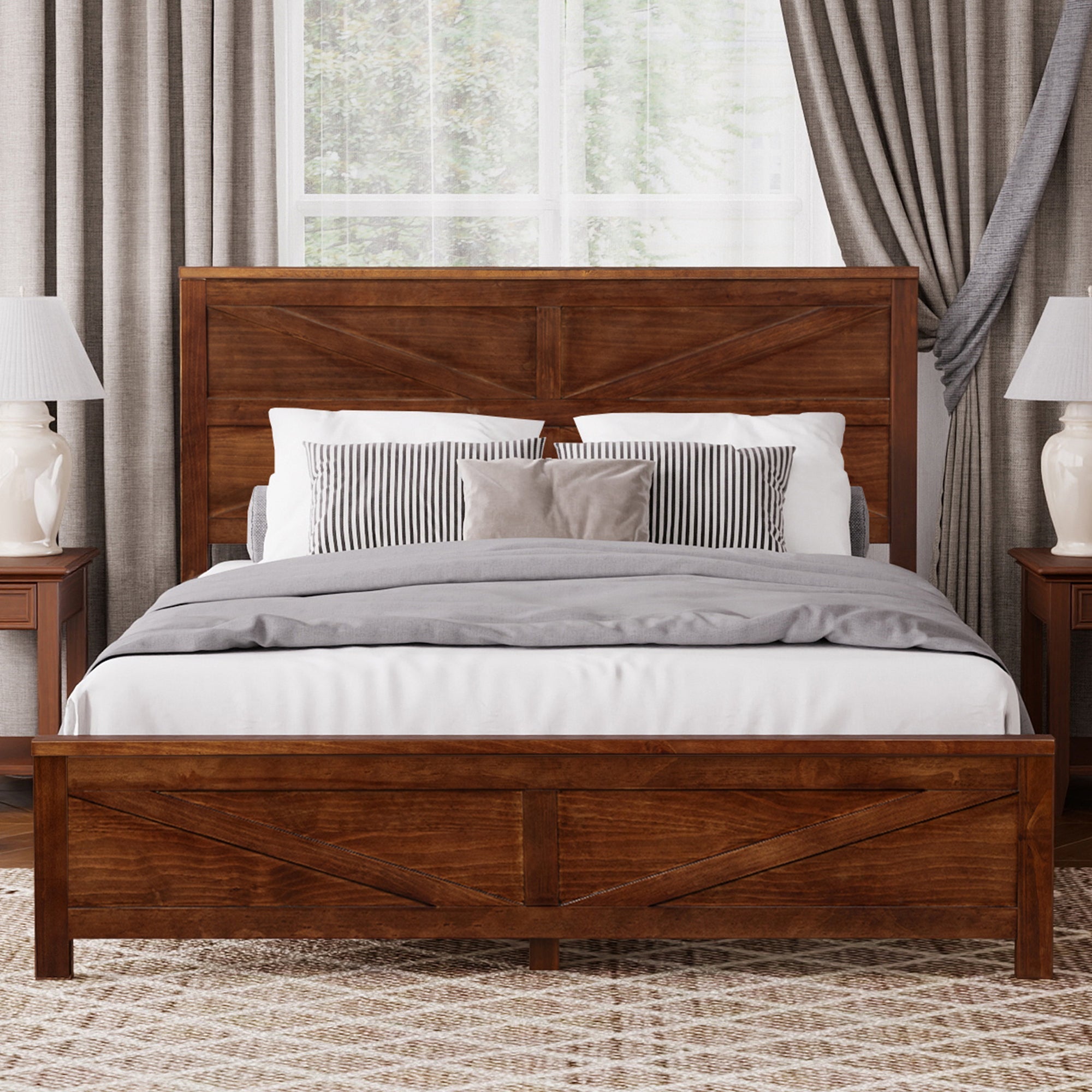 Farmhouse Style Queen Size Bed with Barn Door Designed Headboard and Footboard, Pinewood Bed with Strengthened Bed Frame ,White