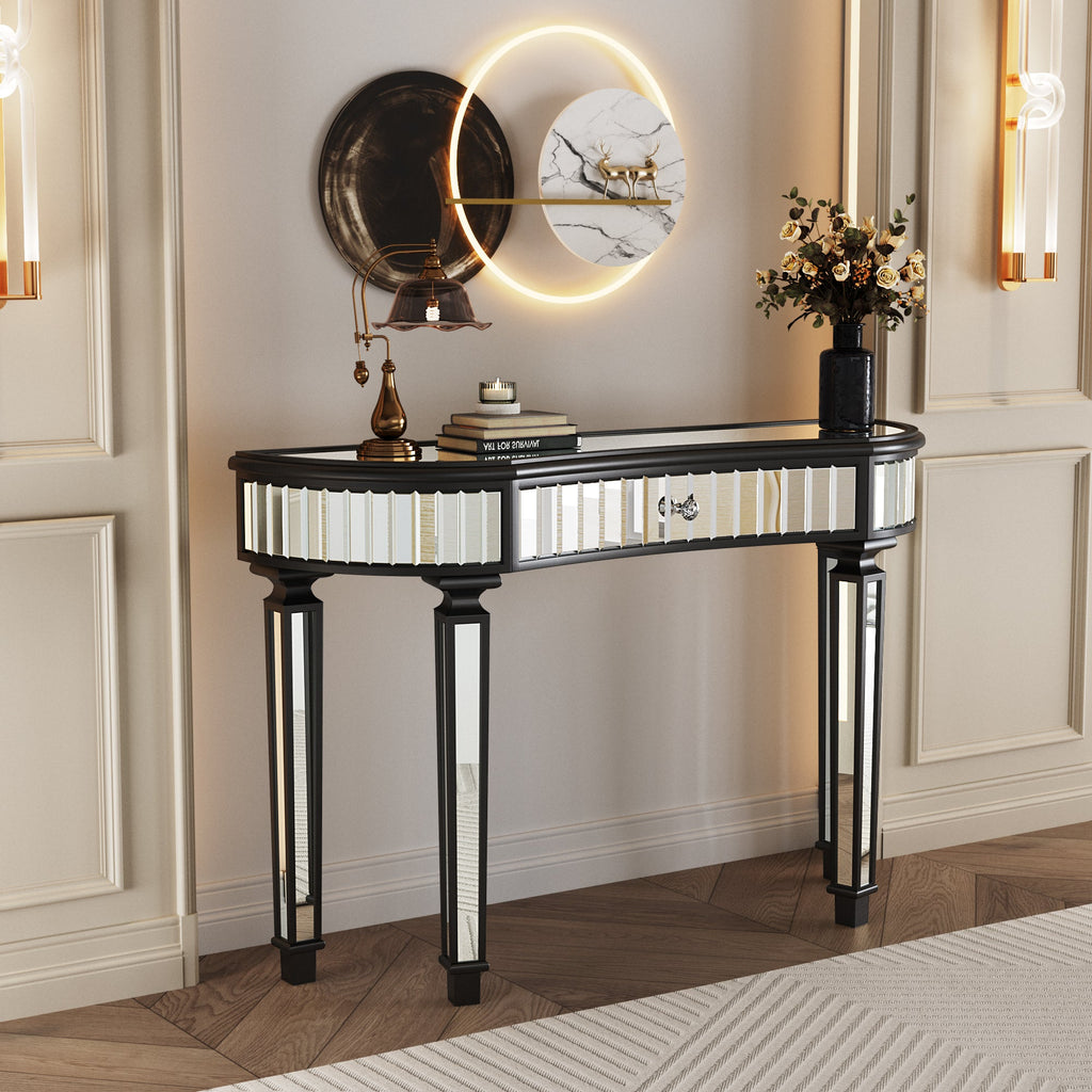 47" Half-Moon Mirrored Console Table — Fluted Glass & Crystal Drawer
