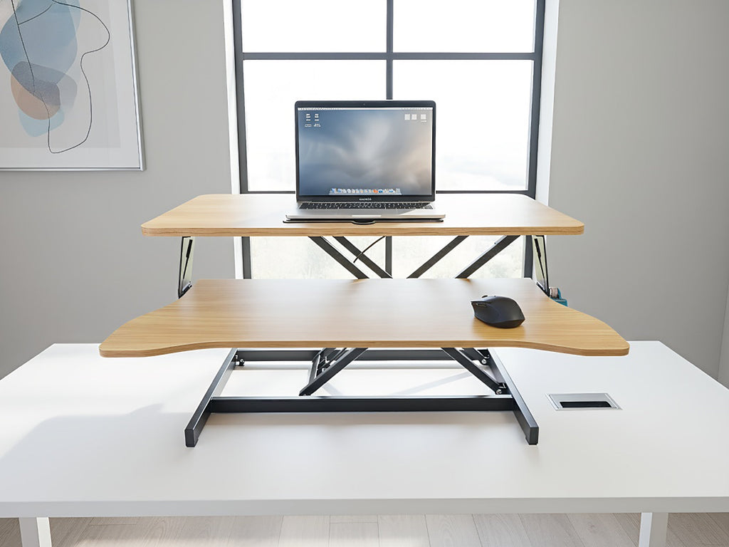32 Inch Desk Converter, Height Adjustable Sit to Stand Riser, Dual Monitor and Laptop Workstation with Wide Keyboard Tray, Walnut Color