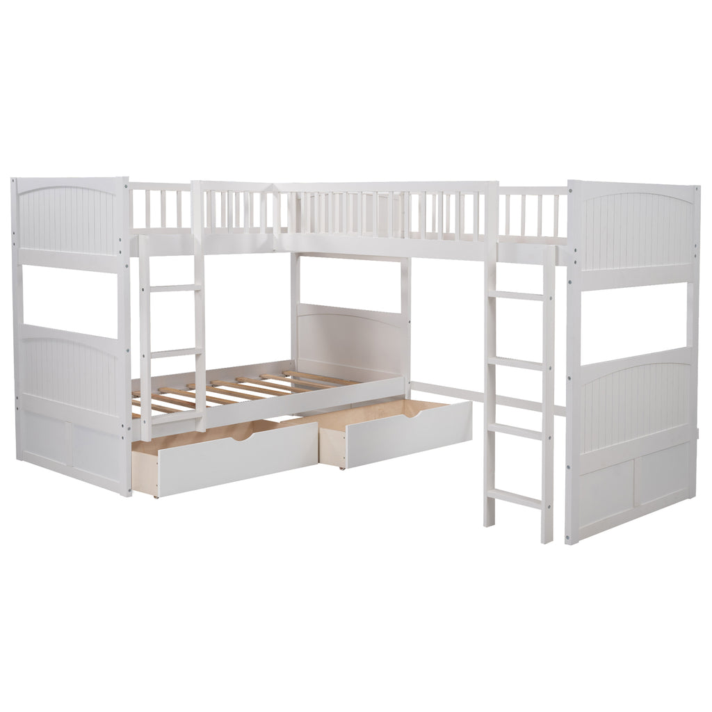 Triple bunk bed with attached loft in white pine wood — angle view