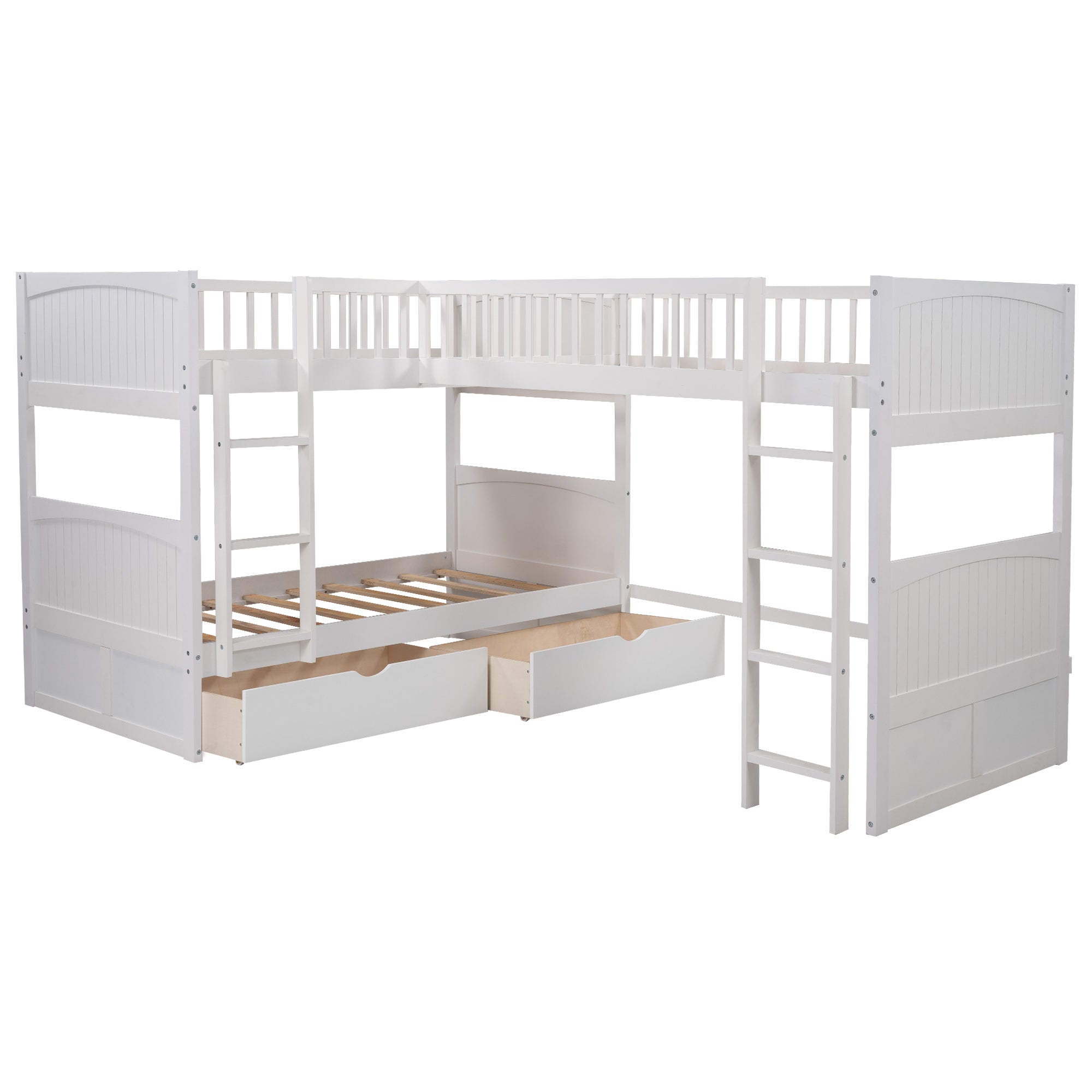 Triple bunk bed with attached loft in white pine wood — angle view
