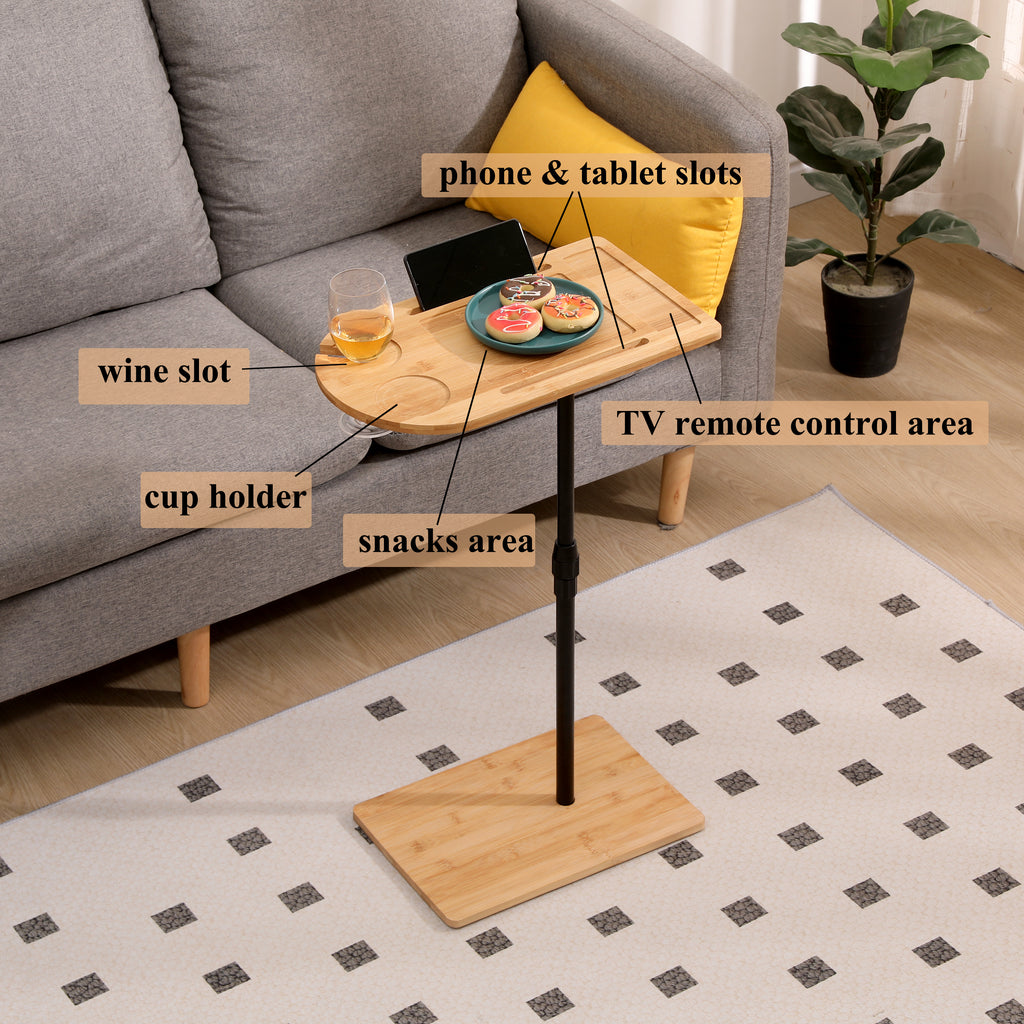 Natural bamboo adjustable side table with built-in tray top detail