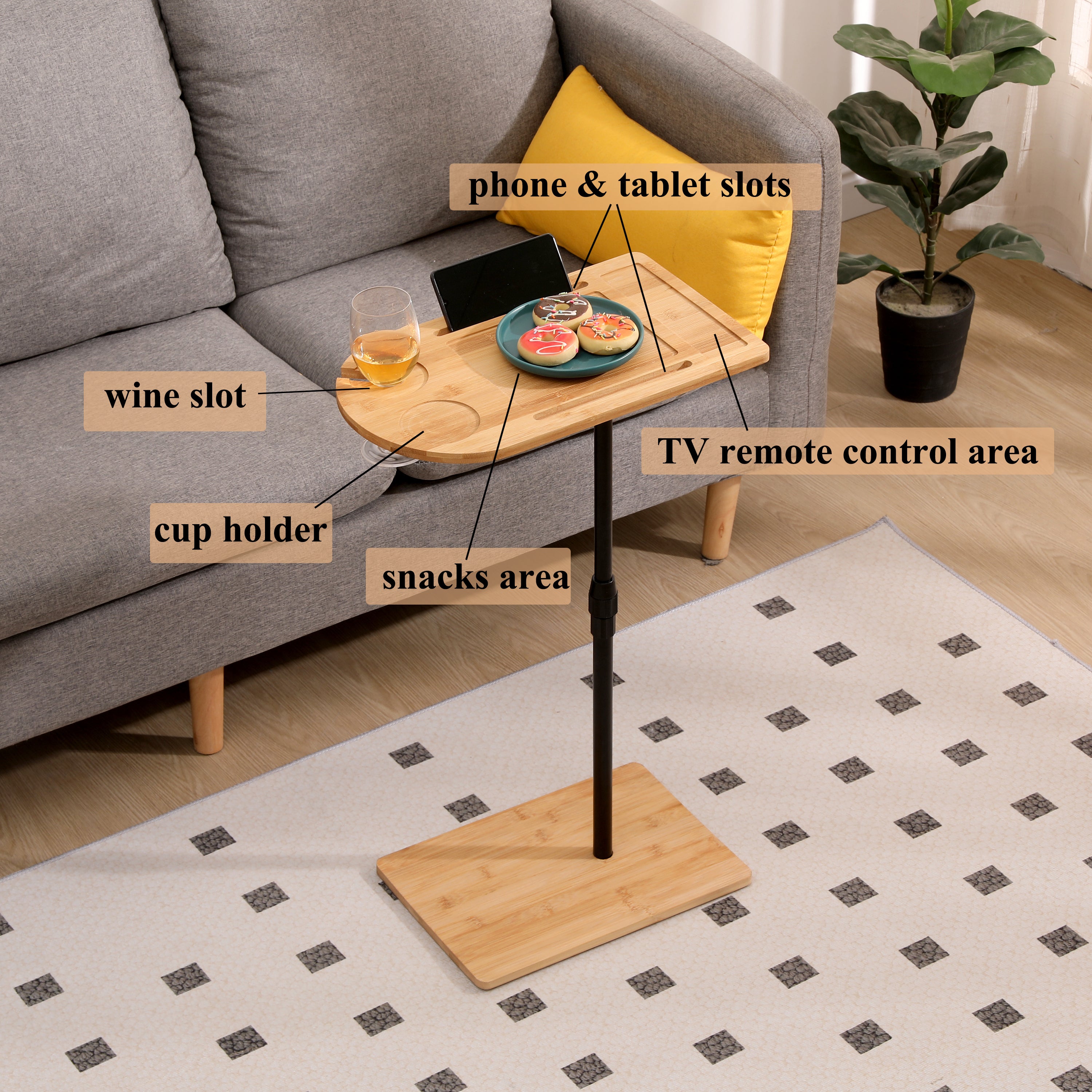 Natural bamboo adjustable side table with built-in tray top detail