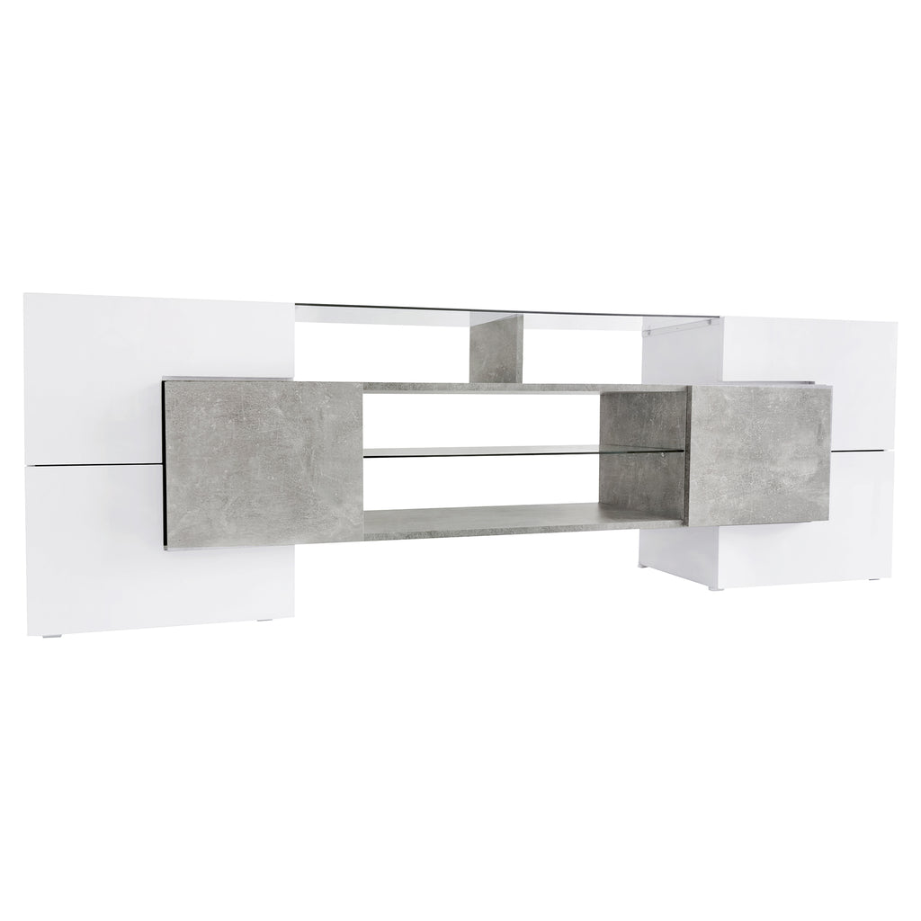 Grey TV cabinet open storage compartments detail