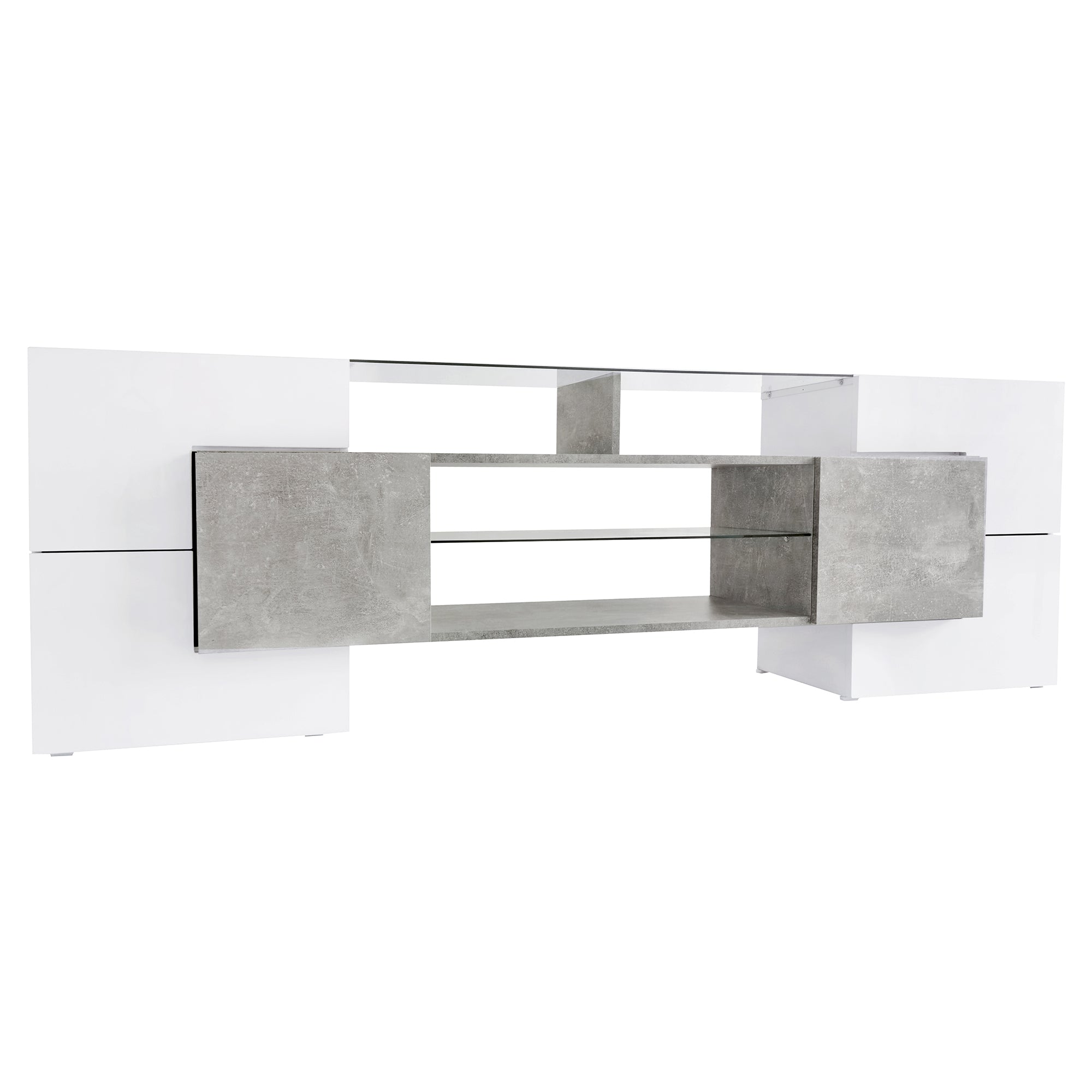 Grey TV cabinet open storage compartments detail