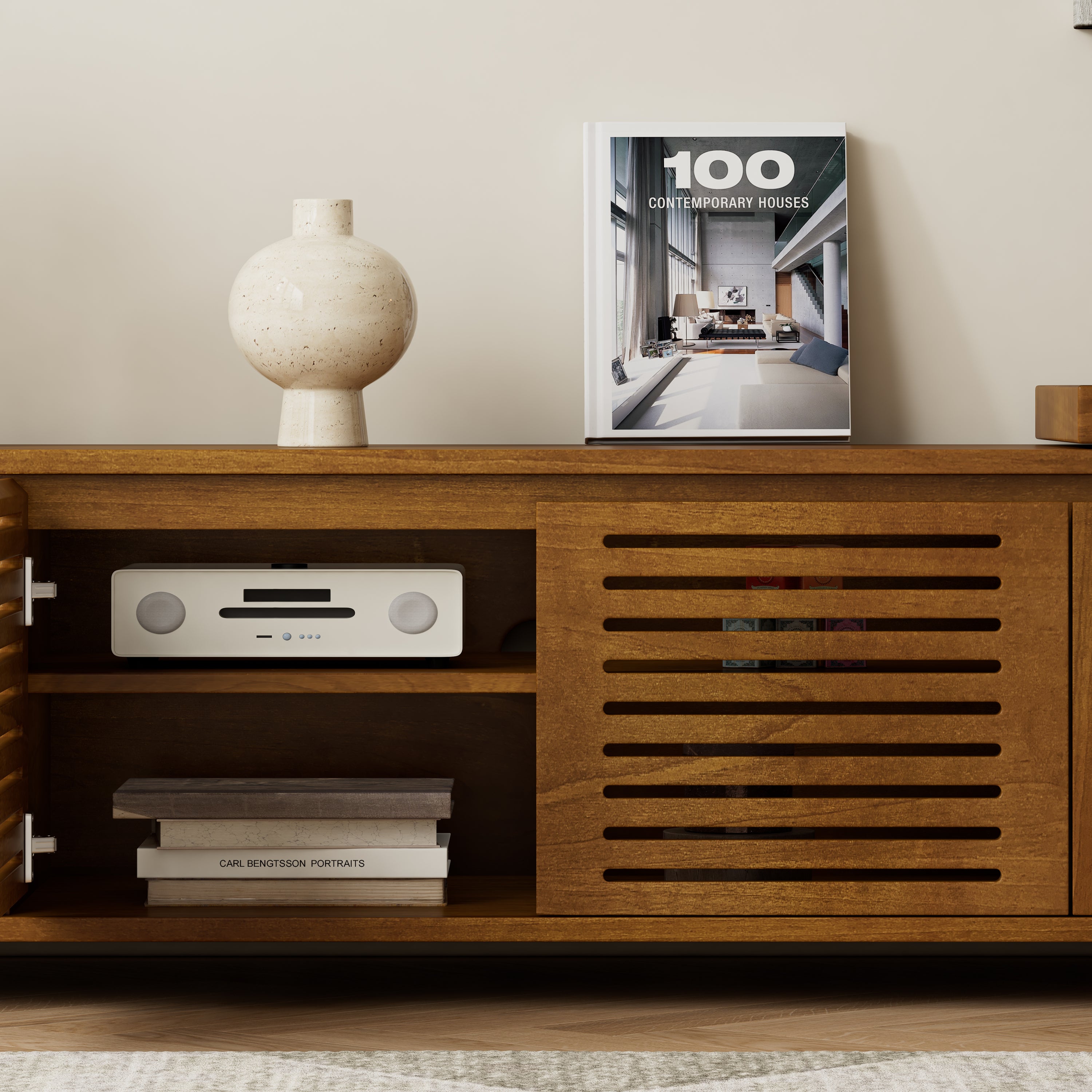 Brown ebony TV cabinet with organized storage layout