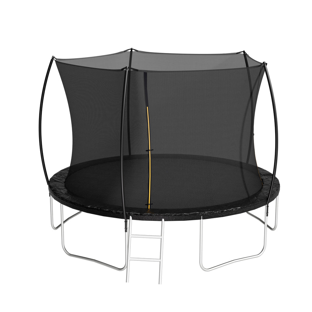 Outdoor backyard trampoline curved pole enclosure side view
