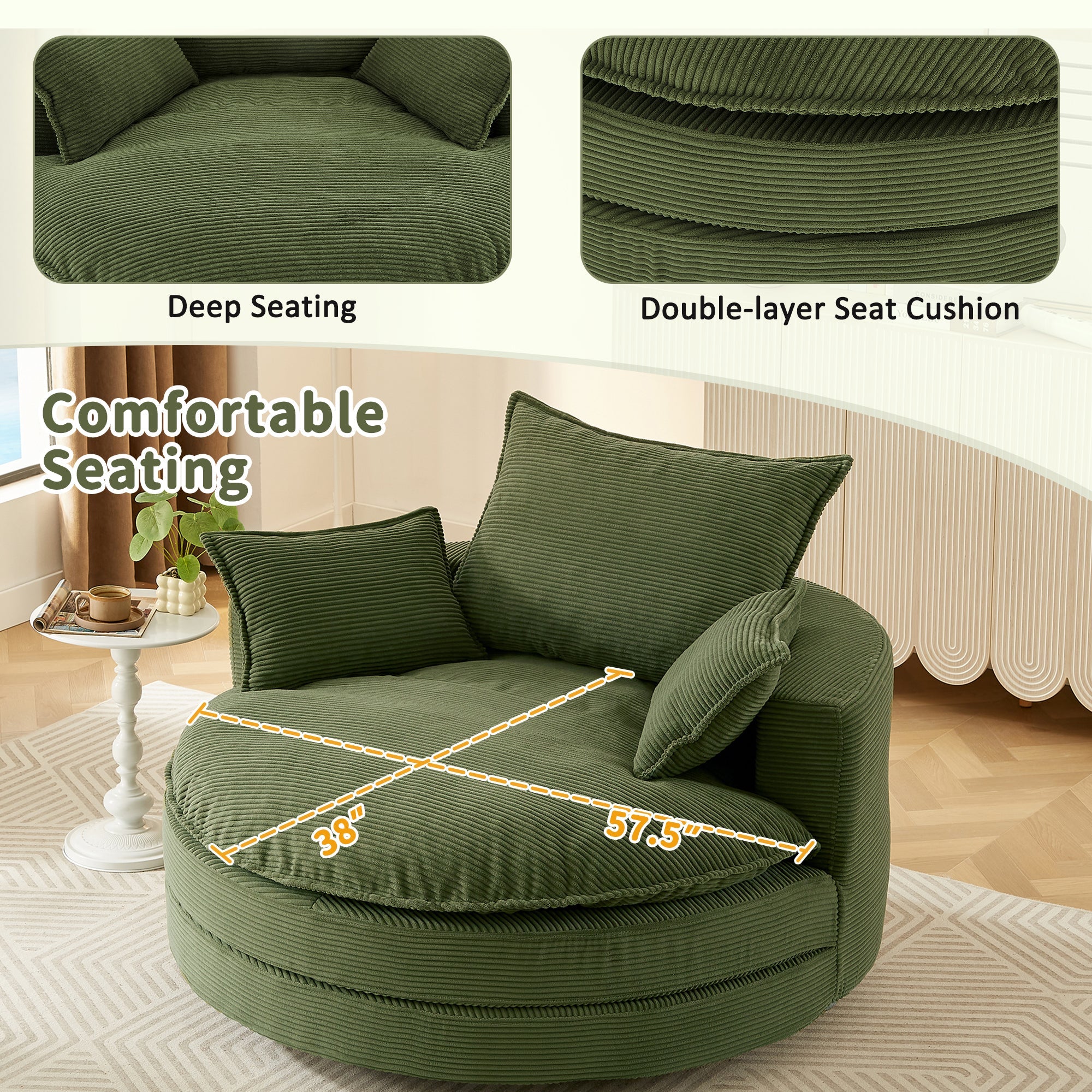Corduroy Swivel Barrel Chair — 360° with Removable Pillows