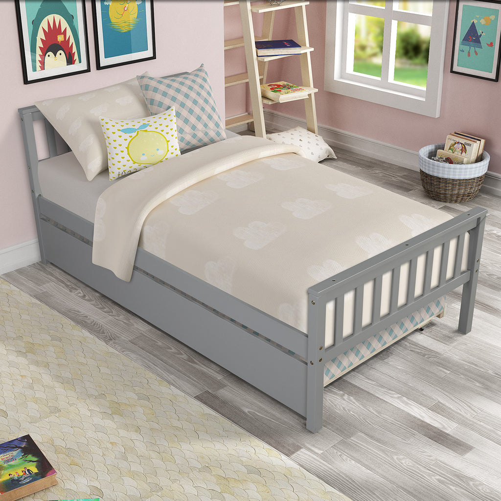 Twin platform bed with headboard and footboard — angle view