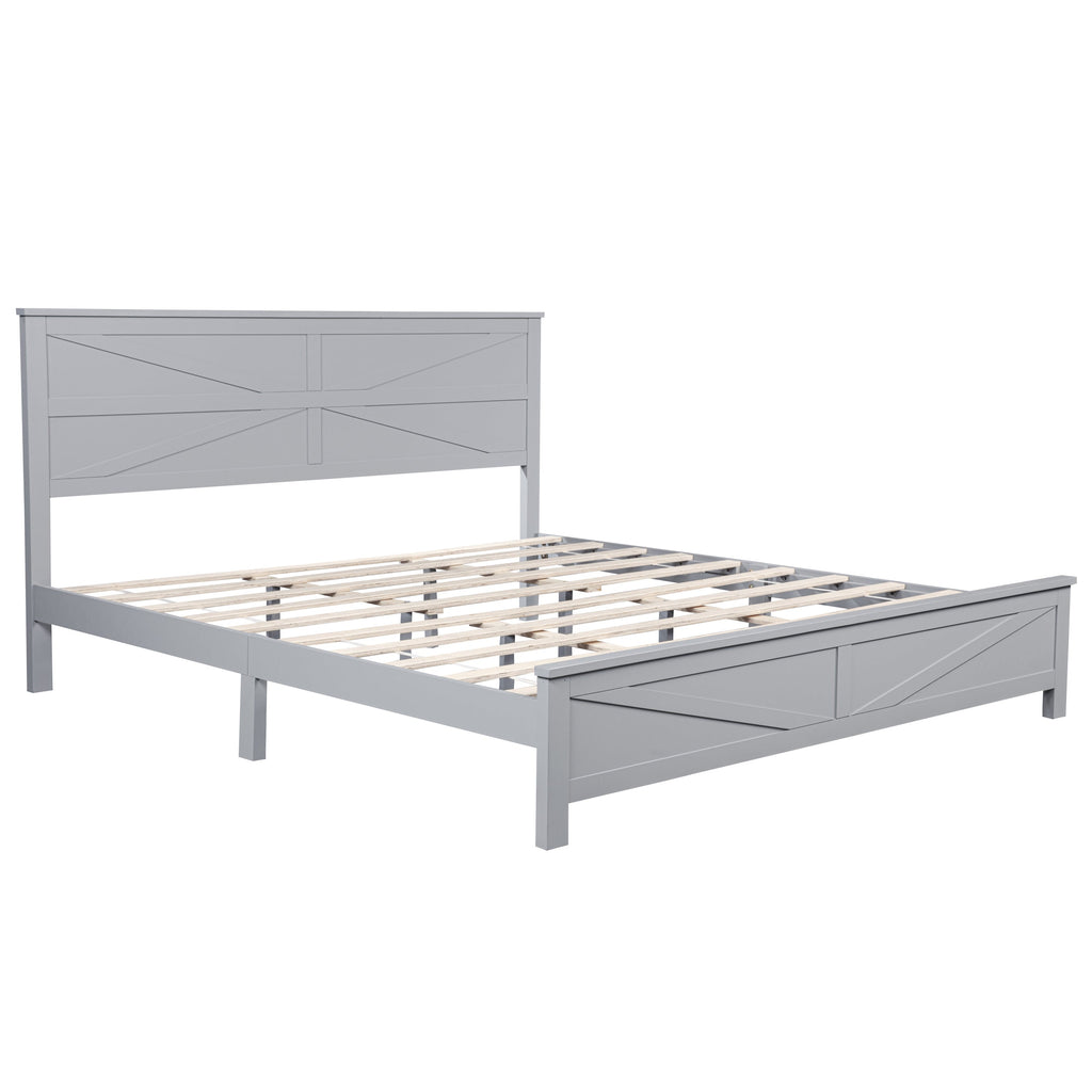 Farmhouse Style King Size Bed with Barn Door Designed Headboard and Footboard, Pinewood Bed with Strengthened Bed Frame,White