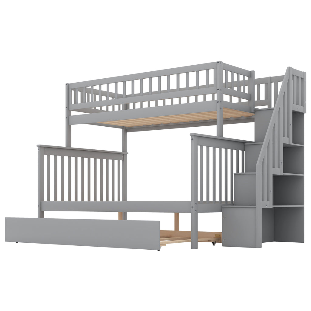 Gray twin over full bunk bed with trundle and staircase — product photo