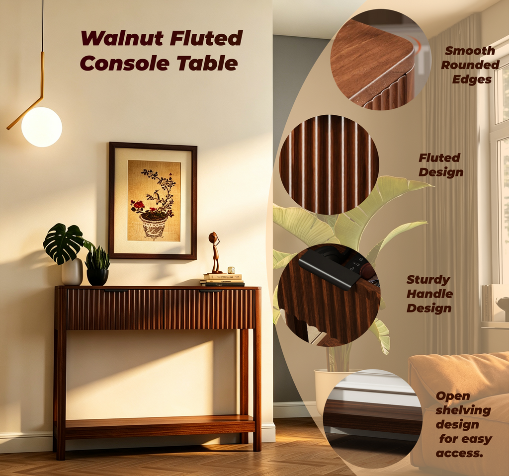 Fluted vertical drawer front walnut console table close-up