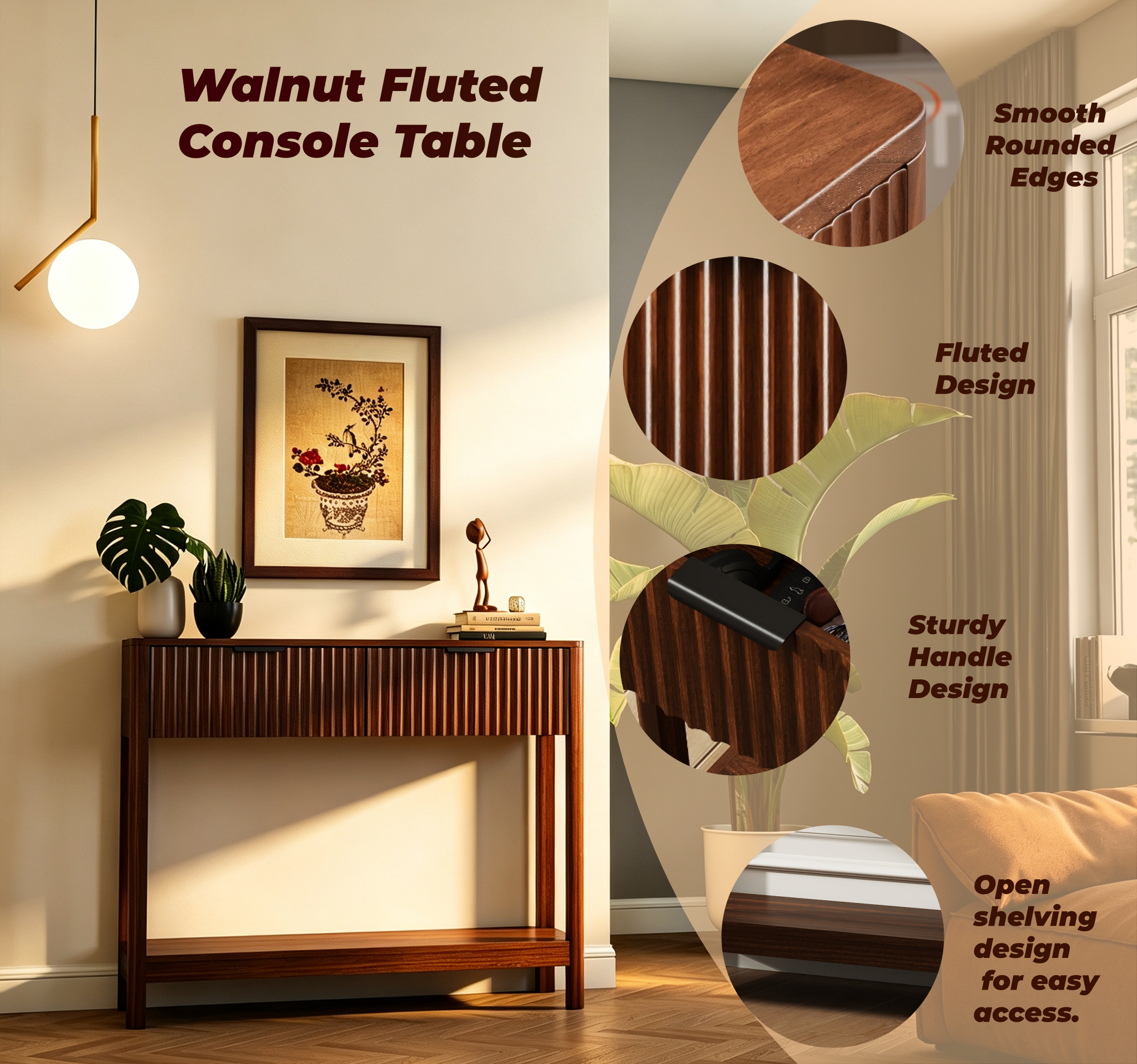 Fluted vertical drawer front walnut console table close-up