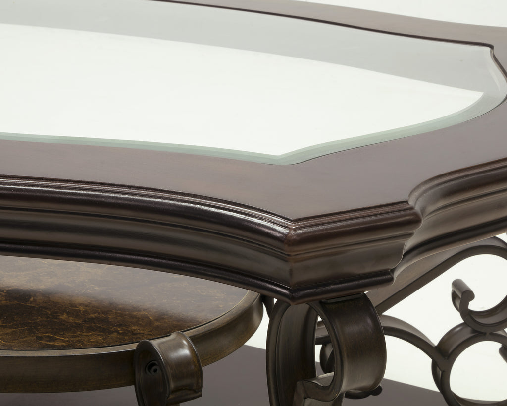 Brown glass-top coffee table fixed middle shelf storage