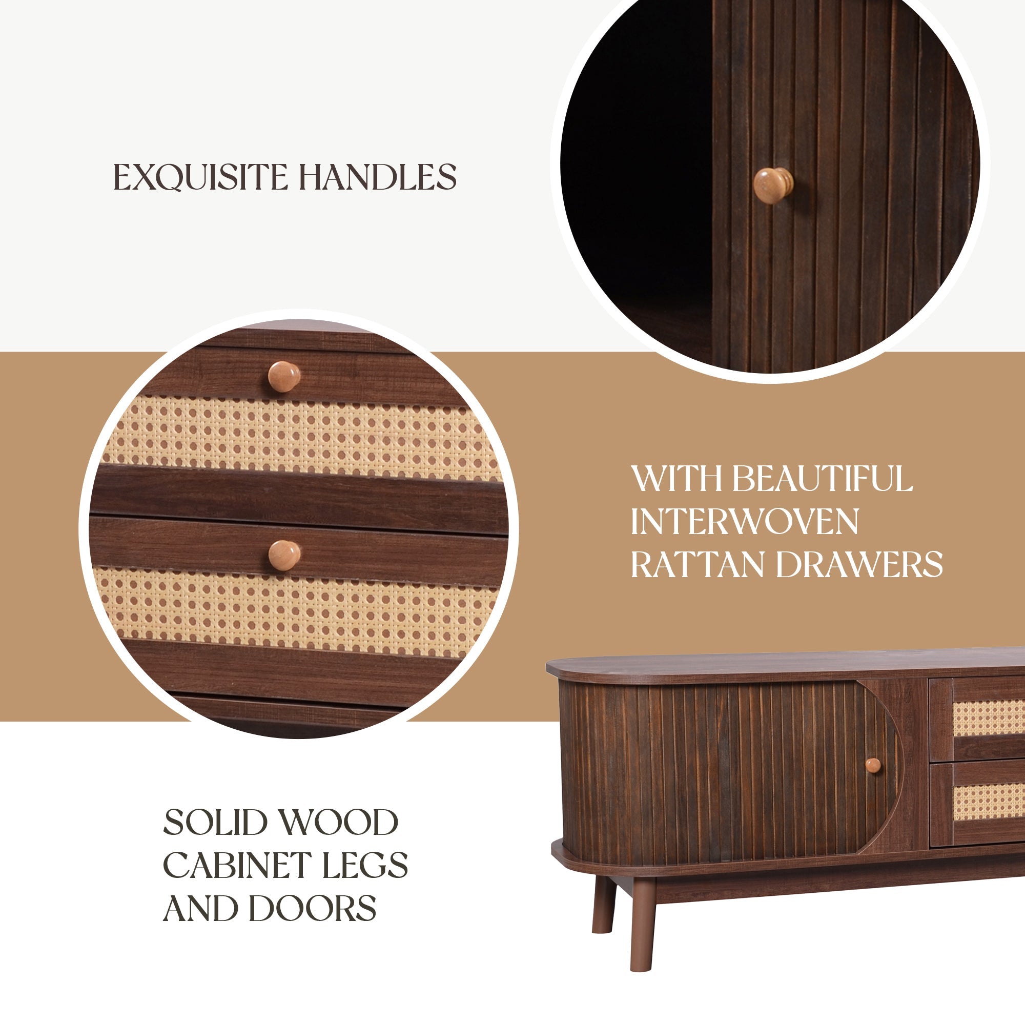 Modern Farmhouse Rattan TV Stand — for TVs Up to 75" (Natural Wood)