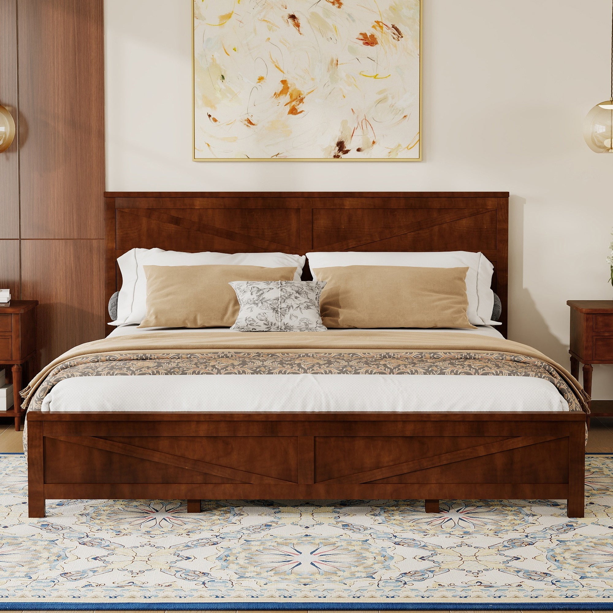 Farmhouse Style King Size Bed with Barn Door Designed Headboard and Footboard, Pinewood Bed with Strengthened Bed Frame,White