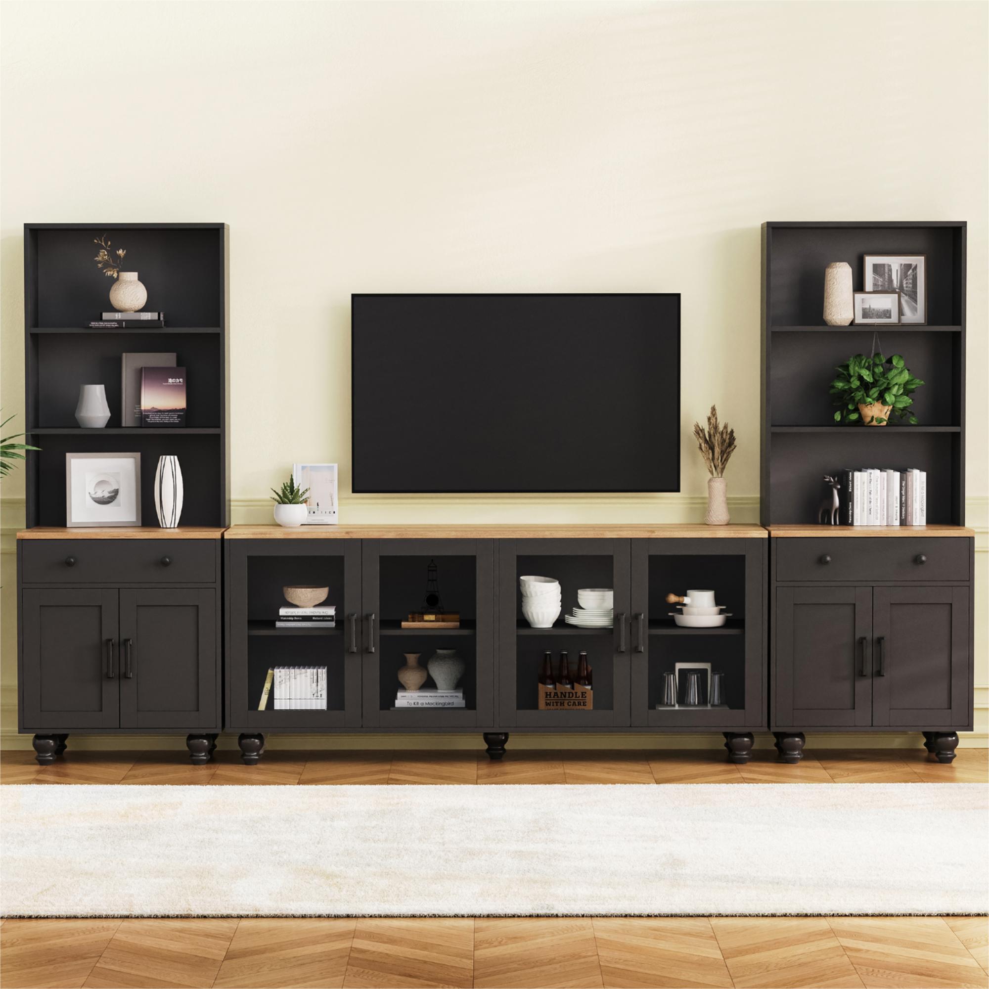 3-piece black TV stand with adjustable shelves angle view