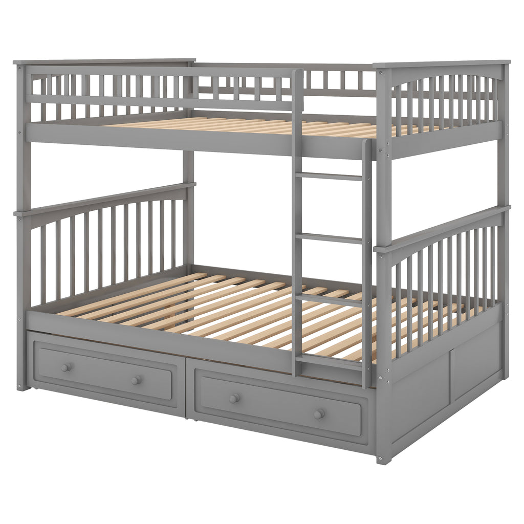 Gray full bunk bed in shared bedroom setting