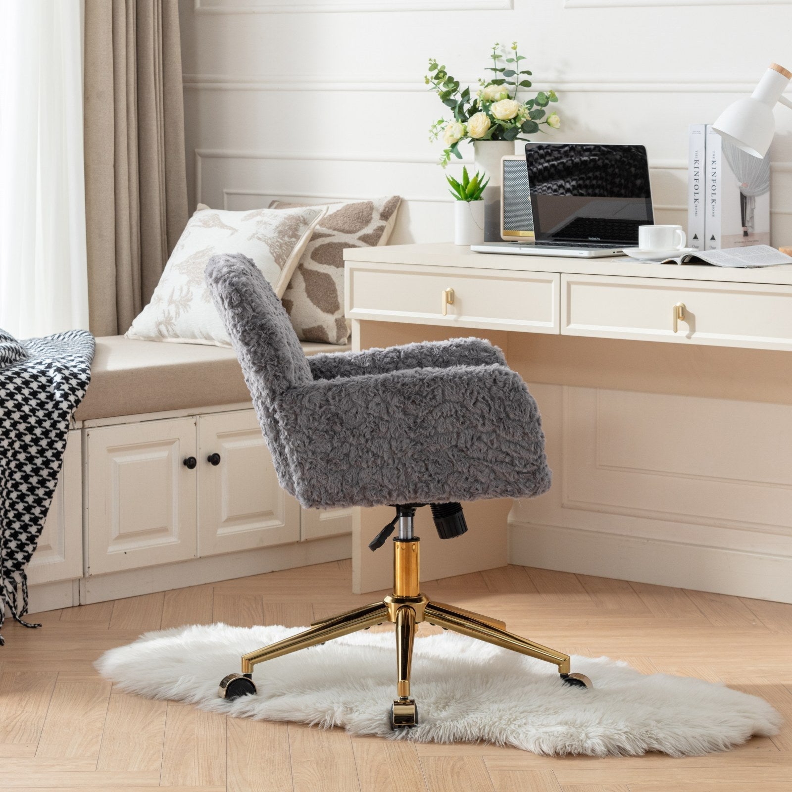 Faux Fur Office Chair — 40° Reclining with Gold Metal Base & Wheels