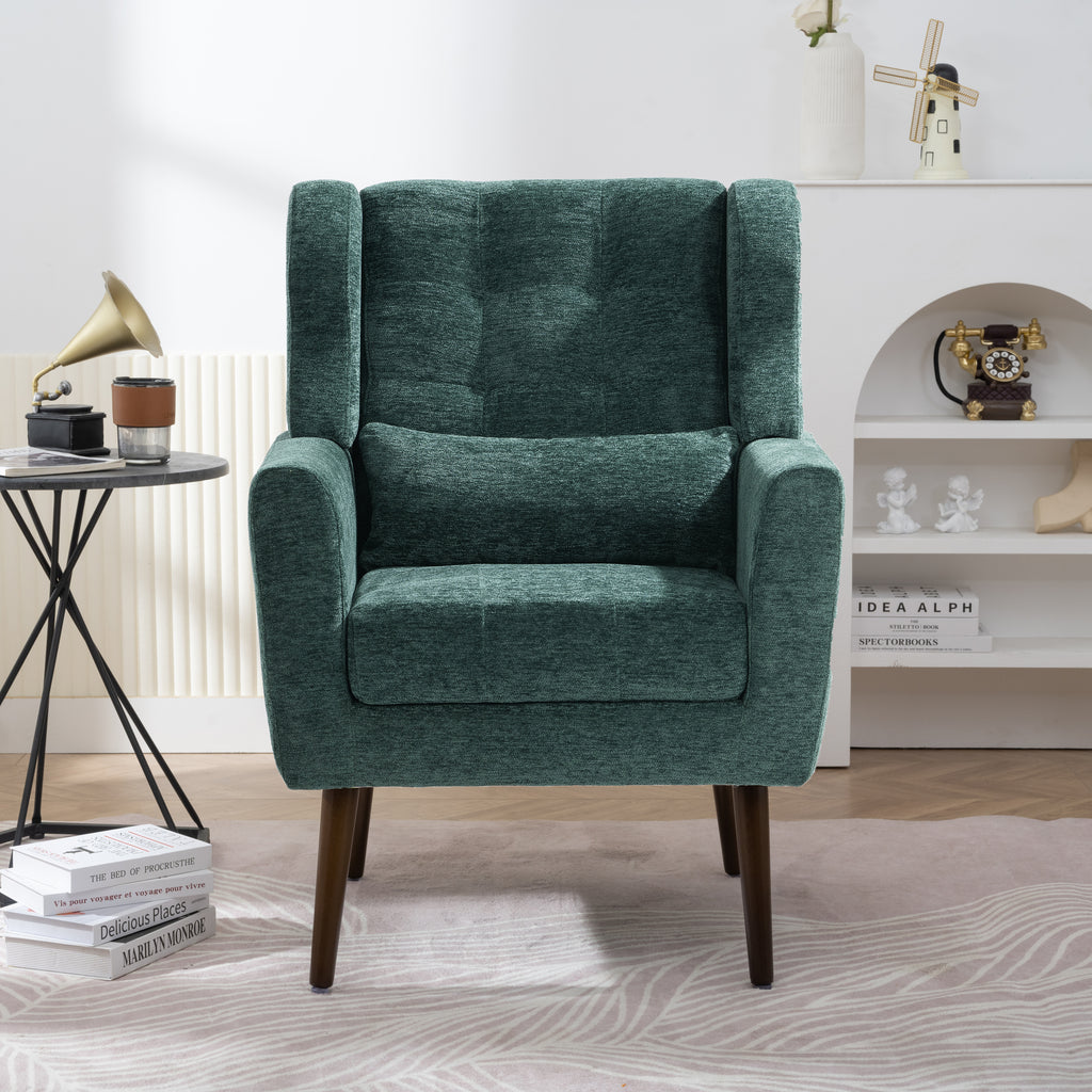 Blackish green chenille accent chair with waist pillow — front view