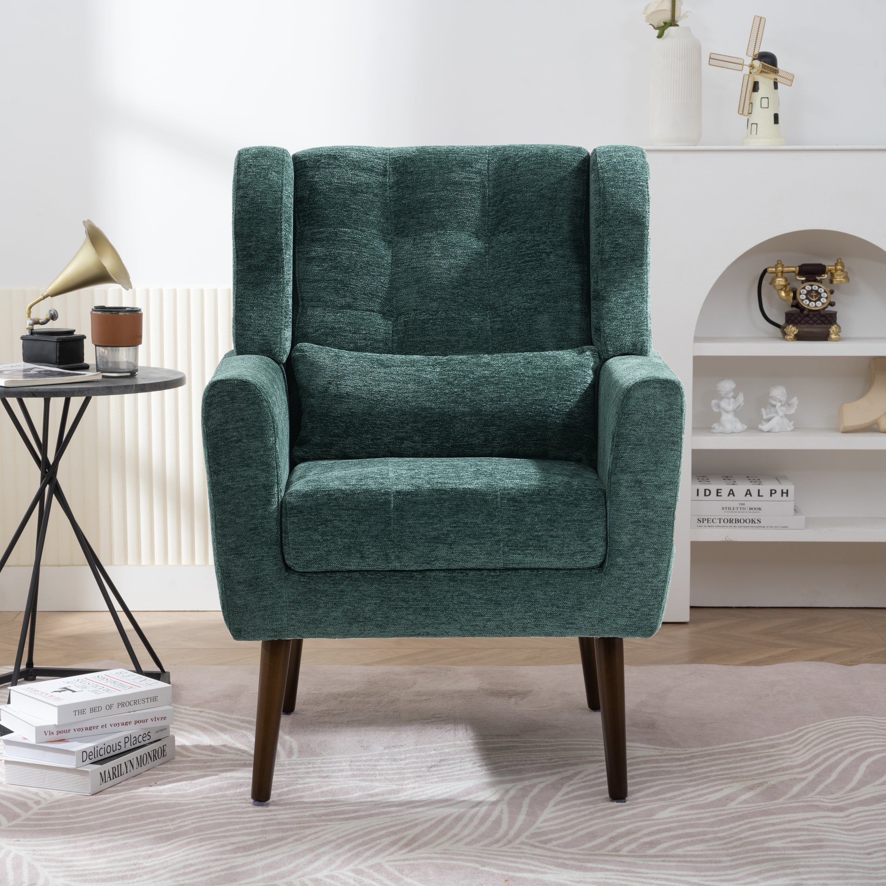 Blackish green chenille accent chair with waist pillow — front view