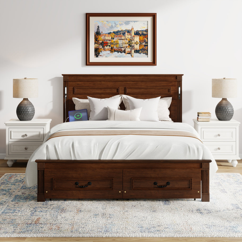 Queen Size Bed with Tall-Panel Headboard & Footboard, 2 Storage Drawers, Built-in LED Lights, USB Charging Station, Pinewood Bed with Strengthened Bed Frame,Walnut